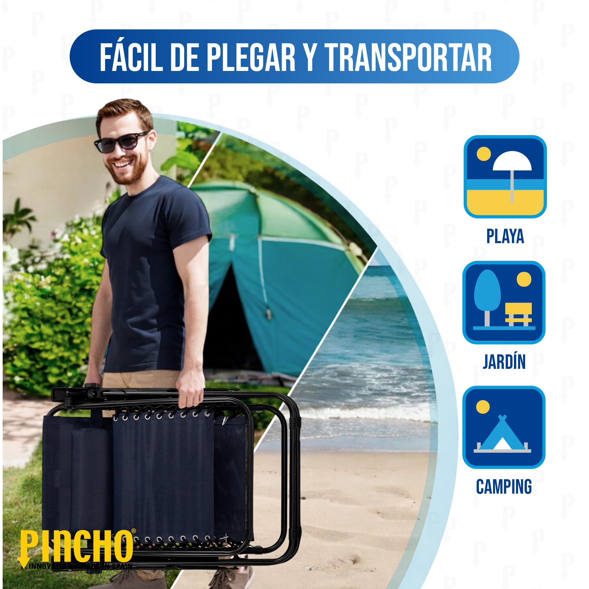 Pincho Tumbona Jardin Exterior Plegable de Gravedad Cero - Pack 2 Sillas Reclinables o Hamacas para Playa, Terraza y Camping con Portavasos, Ligeras y Cómodas (Marino)