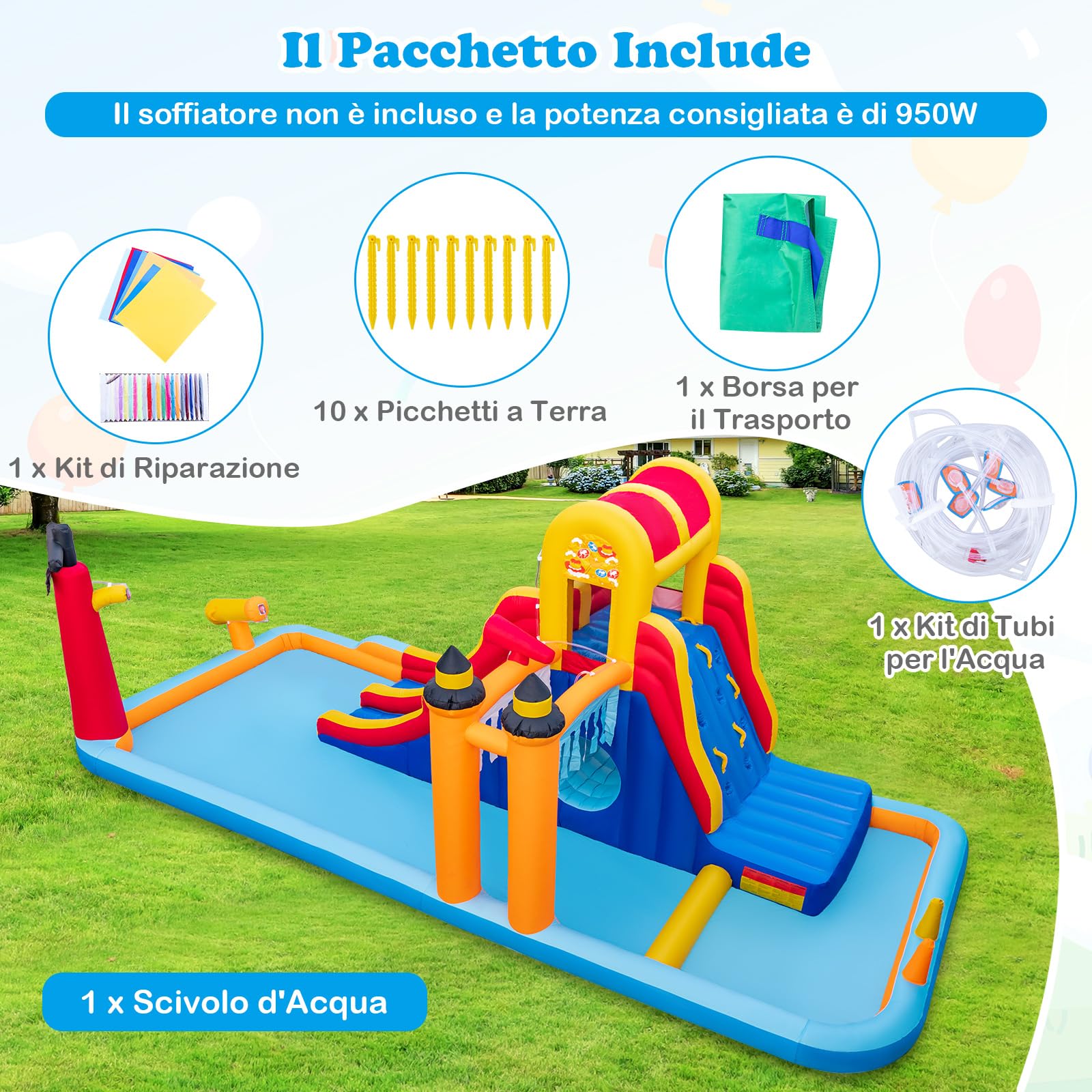 COSTWAY Castello Gonfiabile, Casa Gonfiabile con 2 Scivoli, Piscina, Parete da Arrampicata, Tunnel e Cannone d'Acqua, per Bambini di 3-10 Anni, 693 x 295 x 263 cm