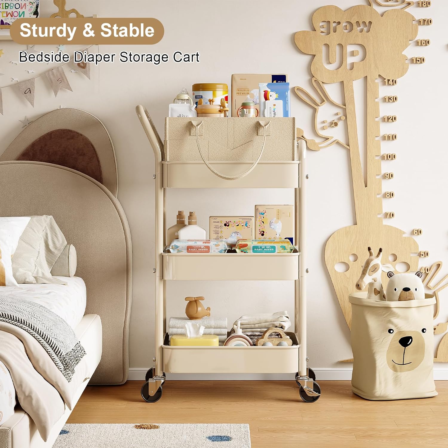 Baby Diaper Caddy Organizer Cart with Detachable Dividers, 3 Tier Metal Bedside Storage Rolling Cart with Wheels for Nursery, Postpartum Cart and Organizers for Newborn Essentials & Supplies (Oatmeal)