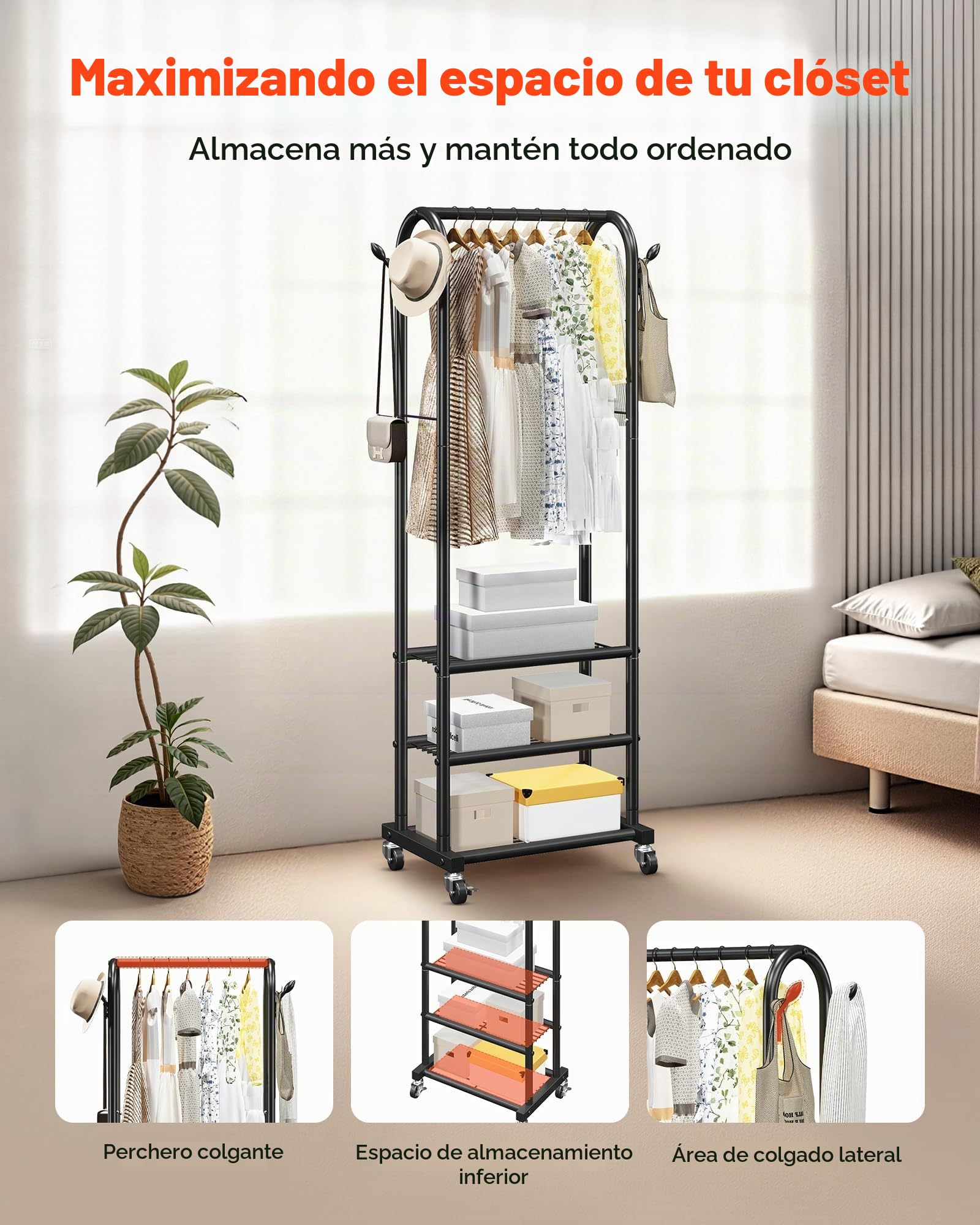 VEVOR Perchero Burro para Ropa con 3 Estantes y Ganchos Laterales, Barra para Colgar, Burro de Ropa con Ruedas, Carga de 45 kg de Acero al Carbono, para Dormitorio, Lavandería, Sala de Estar