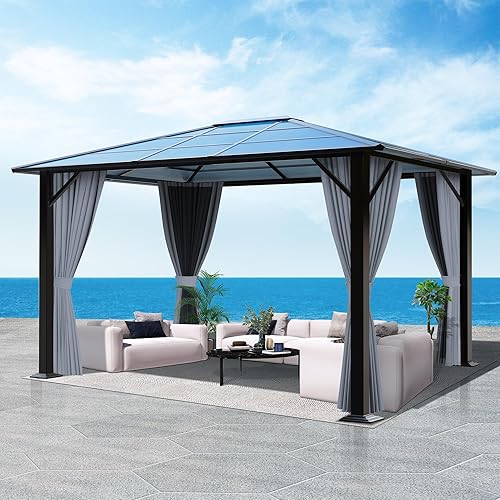 Miniatura 9 de GARTOO Gazebo de policarbonato para patio de 10 x 12 pies, glorieta de techo individual para exteriores con marco de acero, glorieta para patio