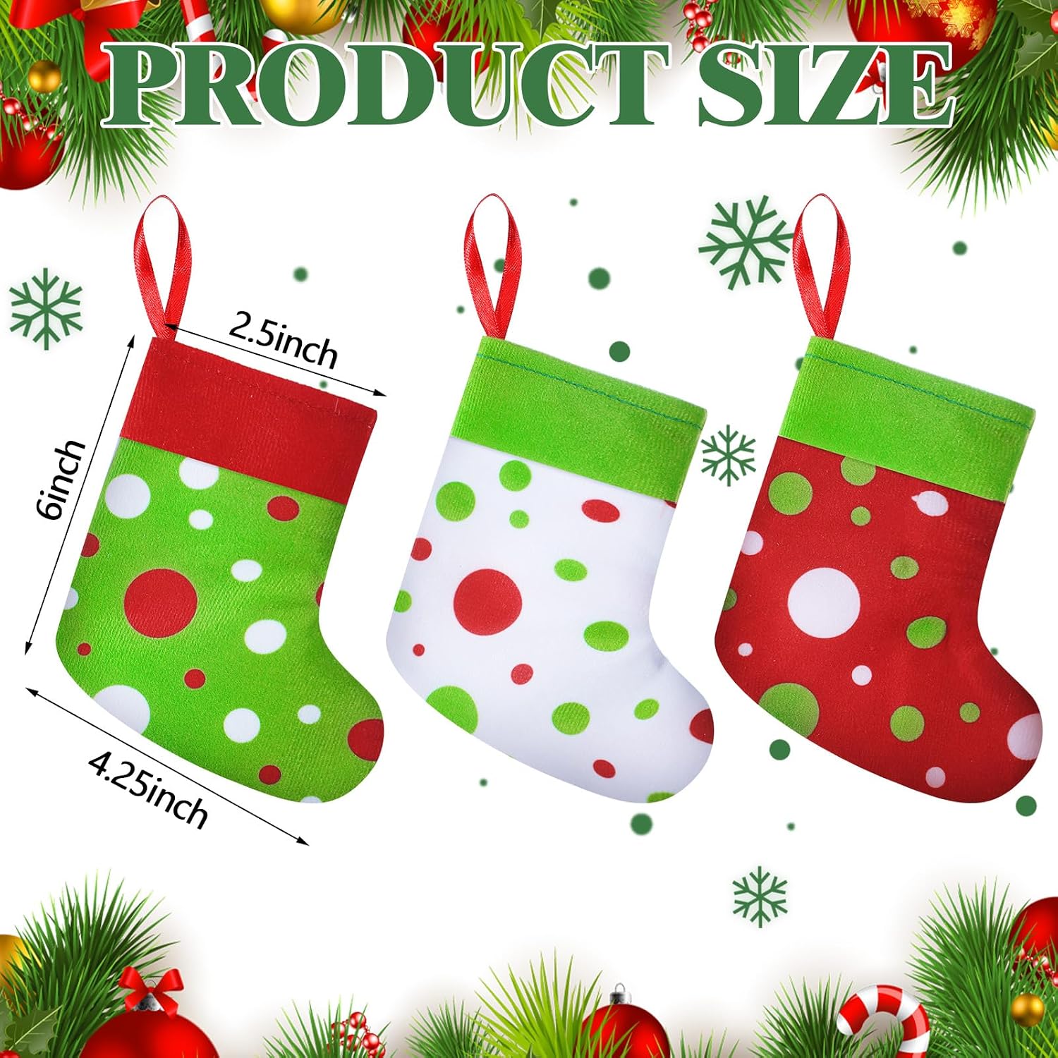 Realspring 24pcs Mini Christmas Stockings Lime Green and Red 6 Inch | Small Hanging Stocking for Christmas Tree, Red Green White Polka Dot, Utensil Holder Gift Stocking, for Fireplace Present