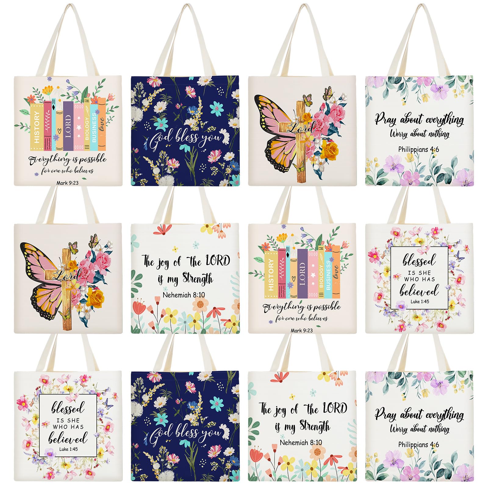 Yeyeplum 12 Pcs Christian Bible Canvas Tote Bag 15.7" x 15" Bible Verse Gift Bag Bulk with Handles Inspirational Religious Outfit Accessories for