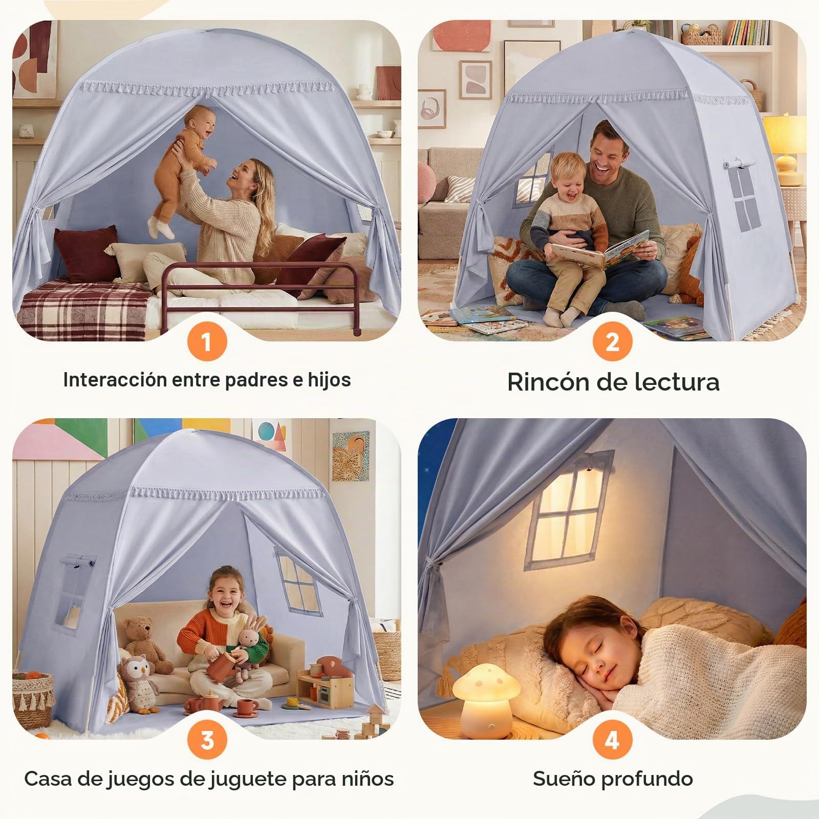 Tienda de Cama para Niños, Suelo Cama Niños Cueva, Interior Casa de Juegos, Portátil y Plegable, Cama Doble Litera, Cortinas, Tamaño Grande, Niñas y Niños