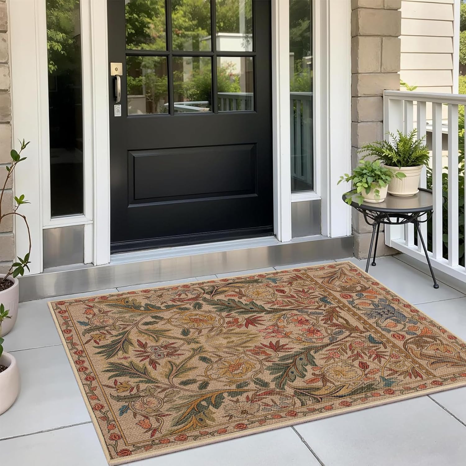 Easy Jute Vintage Floral Front Door Mat 2x3, Washable Non Slip Beige Jute Entryway Rug, Tribal Throw Small Floor Mat for Bathroom Kitchen Bedroom