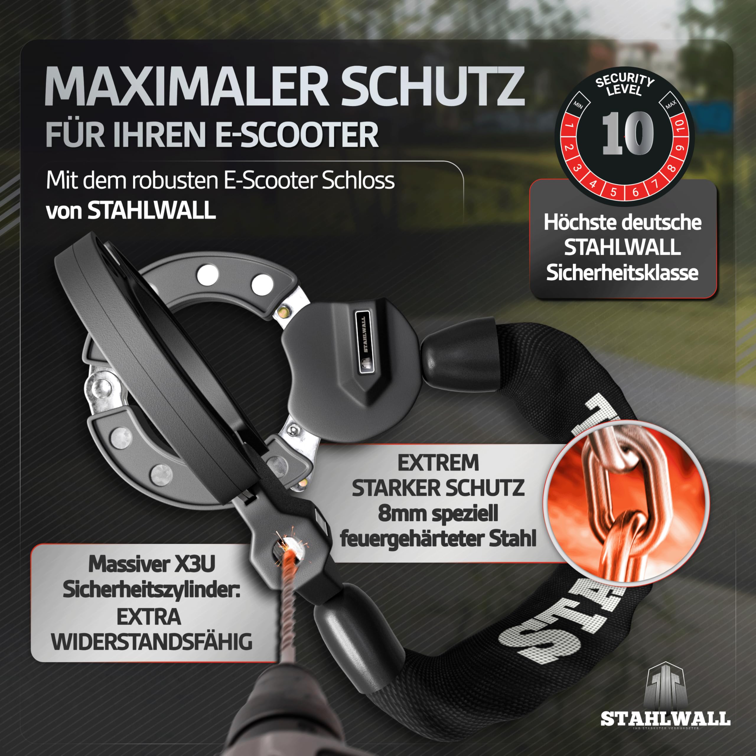 E Scooter Schloss - maximale Sicherheit, feuergehärteter Stahl, Handschellenschloss für E Roller & Fahrrad