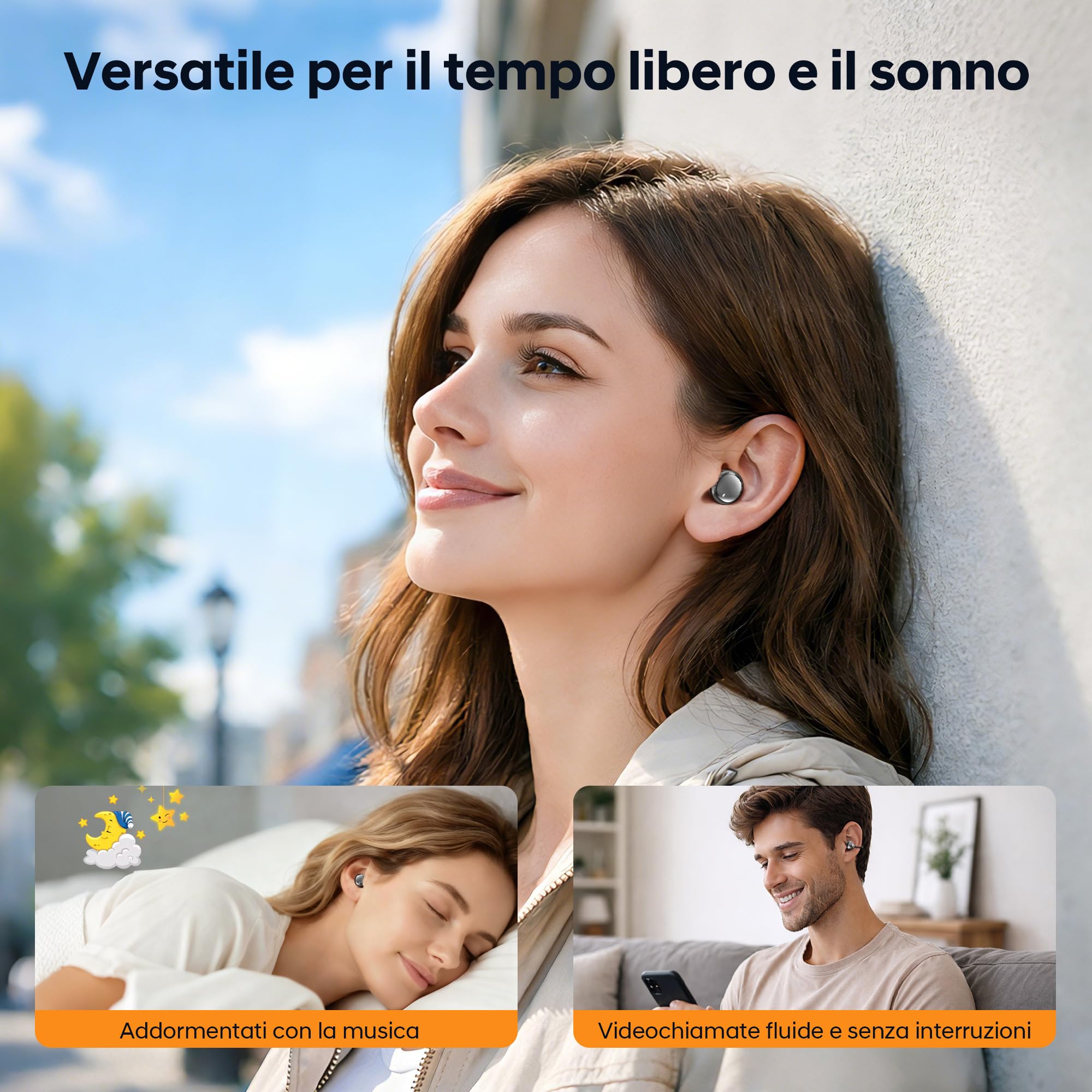 Set 2 in 1 Stiloso di Auricolari Bluetooth Clip e Cuffie Wireless Bluetooth con 36 Ore di Batteria, Bassi Potenti, Ultracompatto e IPX5, Per Lavoro, Sport e Sonno, Modalità di Utilizzo Giorno/Notte