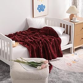 NTBAY Plush Flannel Oversized Baby Blanket, 50X60 Inches Soft and Warm Toddler Blanket with Striped Texture Nursery Bed Blanket for Stroller, Crib, Travel, Baby Gift, 50x60, Wine Red