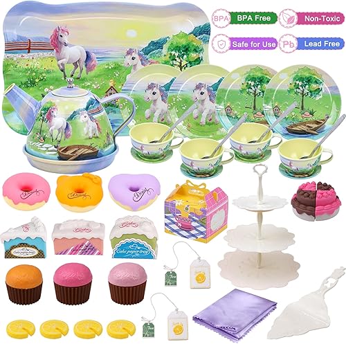 Miniatura 3 de Juego de fiesta de té para niñas pequeñas, 50 piezas, princesa, caballo, tiempo de té, juguete que incluye golosinas para jugar, bandeja de tetera