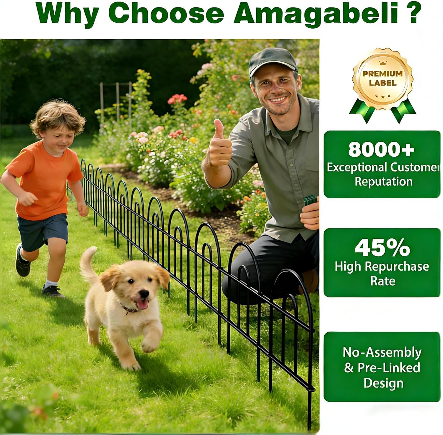 AMAGABELI 35 Panels 18in(H)×50ft(L) Decorative Garden Fence No Dig Rustproof Metal Pre-Linking Fence Panels Garden Edging Border Animal Barrier Fencing for Flower Beds Yard Patio Outdoor Decor Black