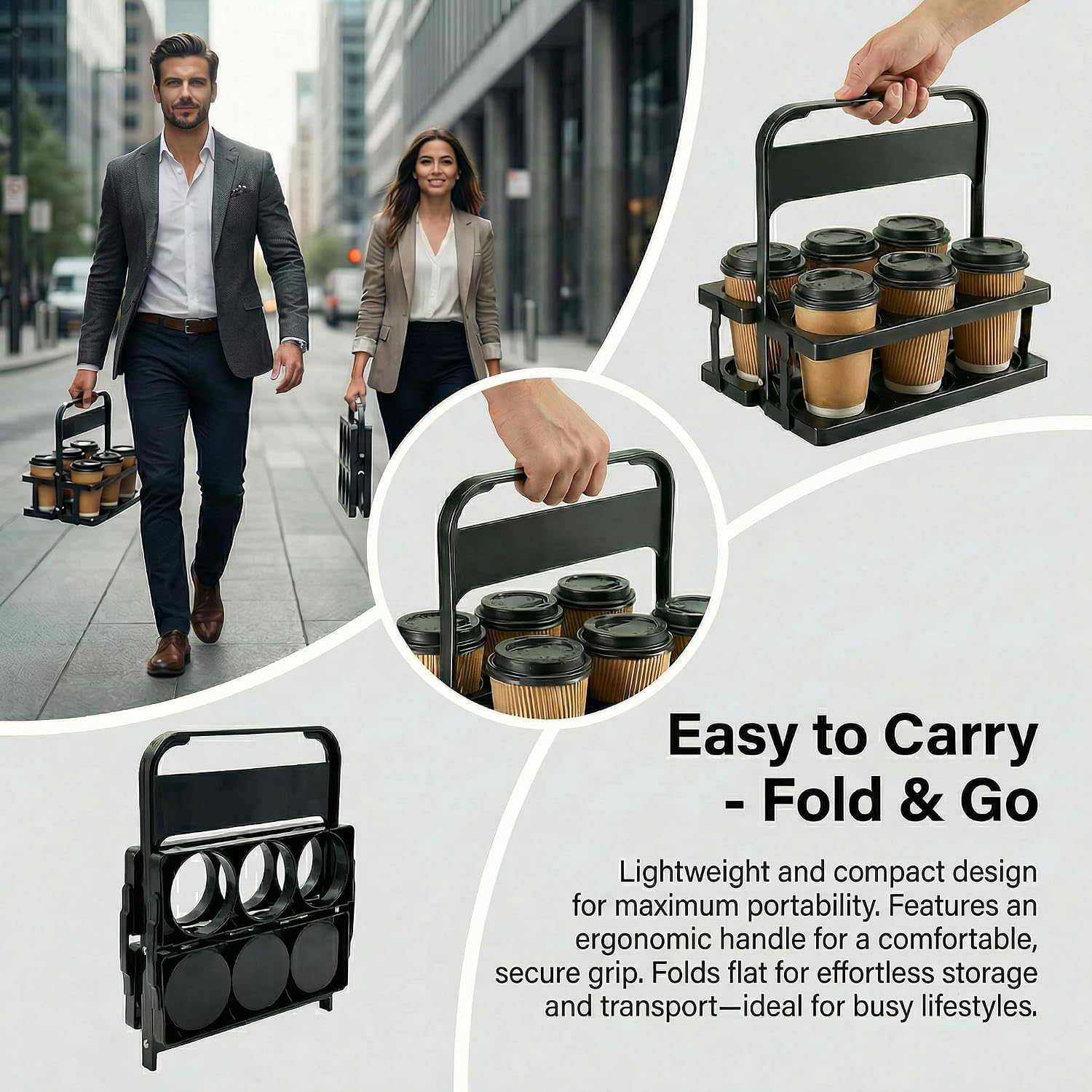 6 Cup Drink Carrier for Delivery - Foldable Drink Holder with Handle, Reusable Cup Carrier for Drinks, Portable Beverage Caddy Accessories for Parties, Camping, Car, Coffee & Bottles (Black)