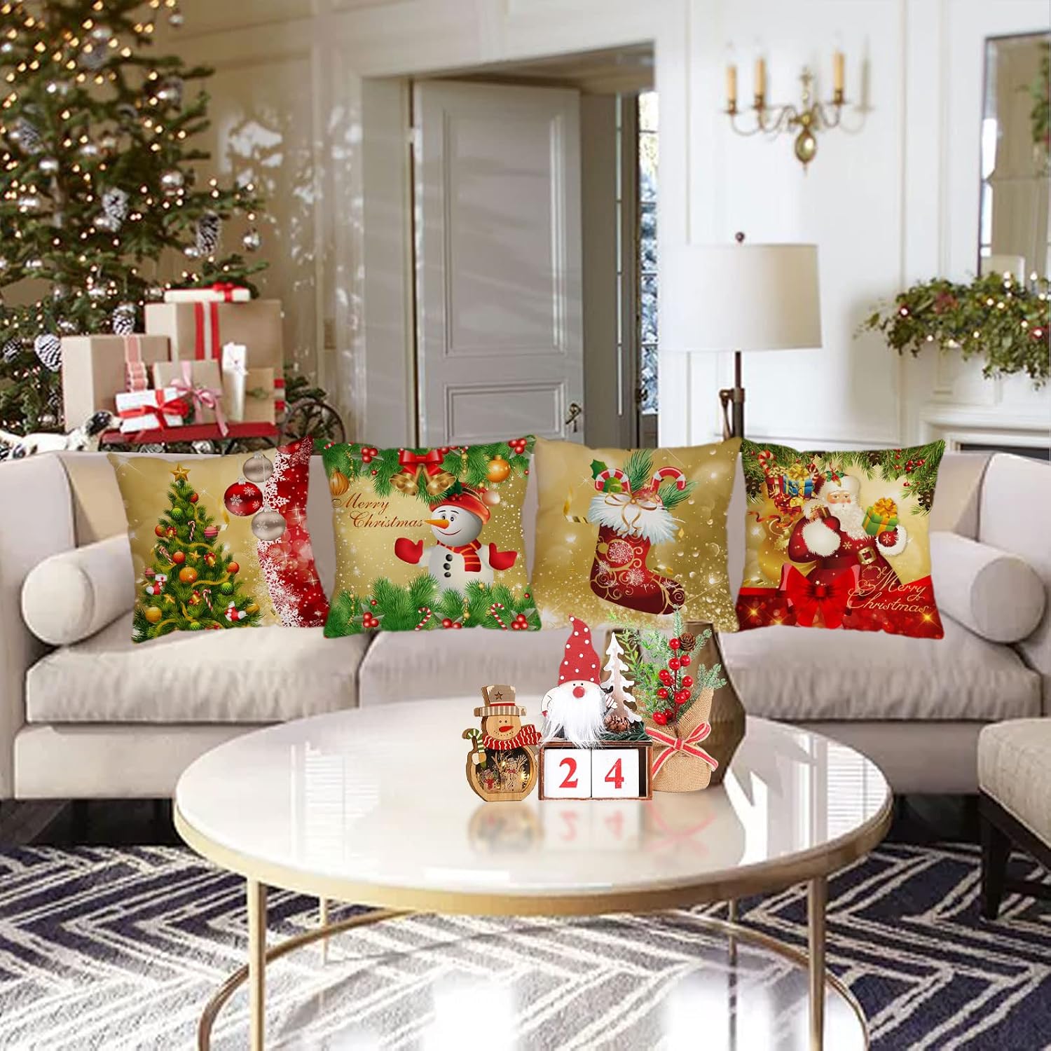 Merry Christmas Pillow Covers 20x20 Set of 4 Velvet Christmas Pillow Cases Red Green Xmas Holiday Throw Pillow Covers Soft Christmas Tree Cushion Covers for Outdoor Home Bed Sofa Couch(20 Inch)