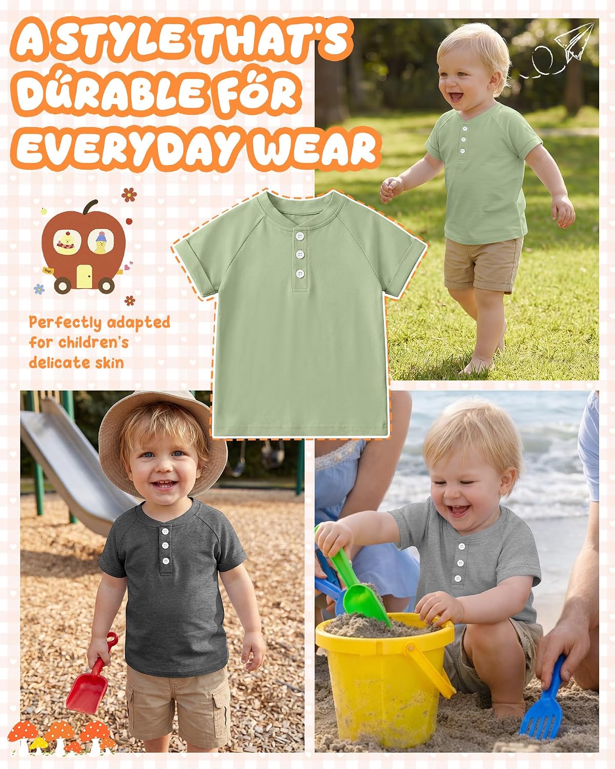 3 Pack Toddler Short Sleeve Henley Shirts for Boys Girls Rolled Cuff Solid Tee Tops Button T Shirts Size 18M-5T