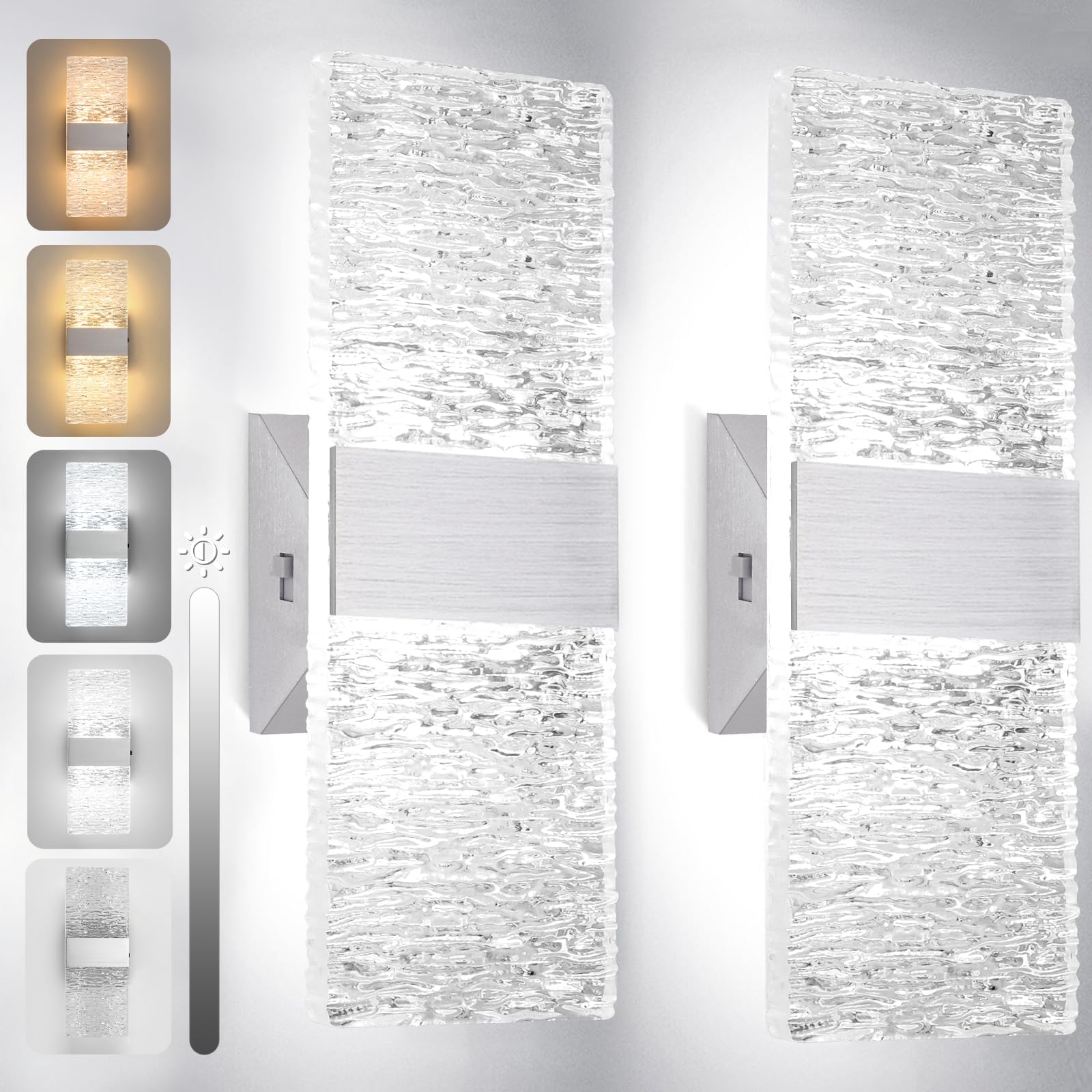 TRLIFE Dimmable LED Wall Sconces, Adjustable 4 Color Temperature 12W Modern Wall Sconce Set of 2 Transparent Acrylic Wall Mounted Light for Bedroom Bedside Hallway Bathroom(2 Pack, Silver)
