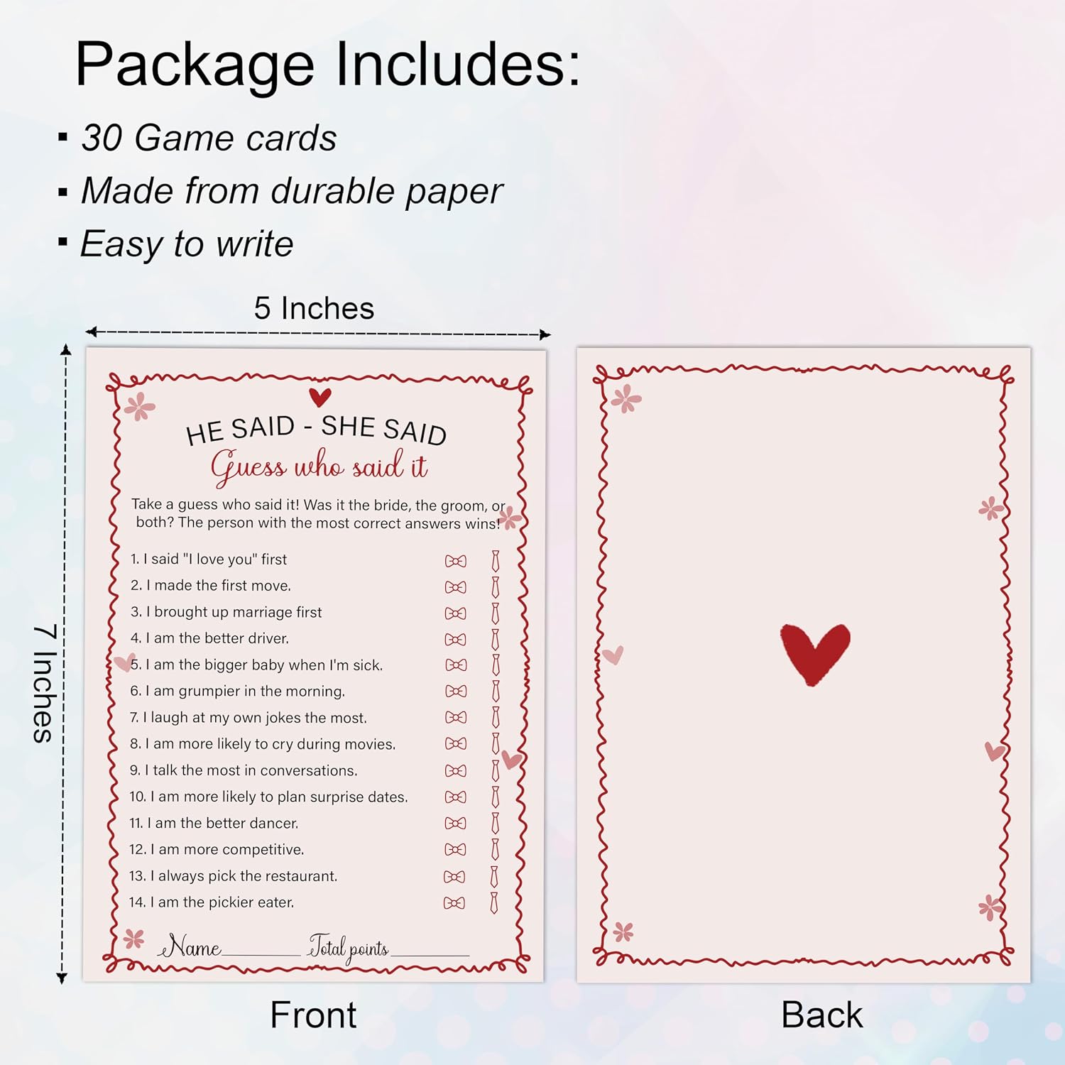 He Said She Said - Pink Bridal Shower Games Cards - 30 Fun Wedding Party Game Cards for Bridal Shower, Engagement, Bachelorette & Newlywed Party, Icebreaker Activity Supplies & Decorations image 2
