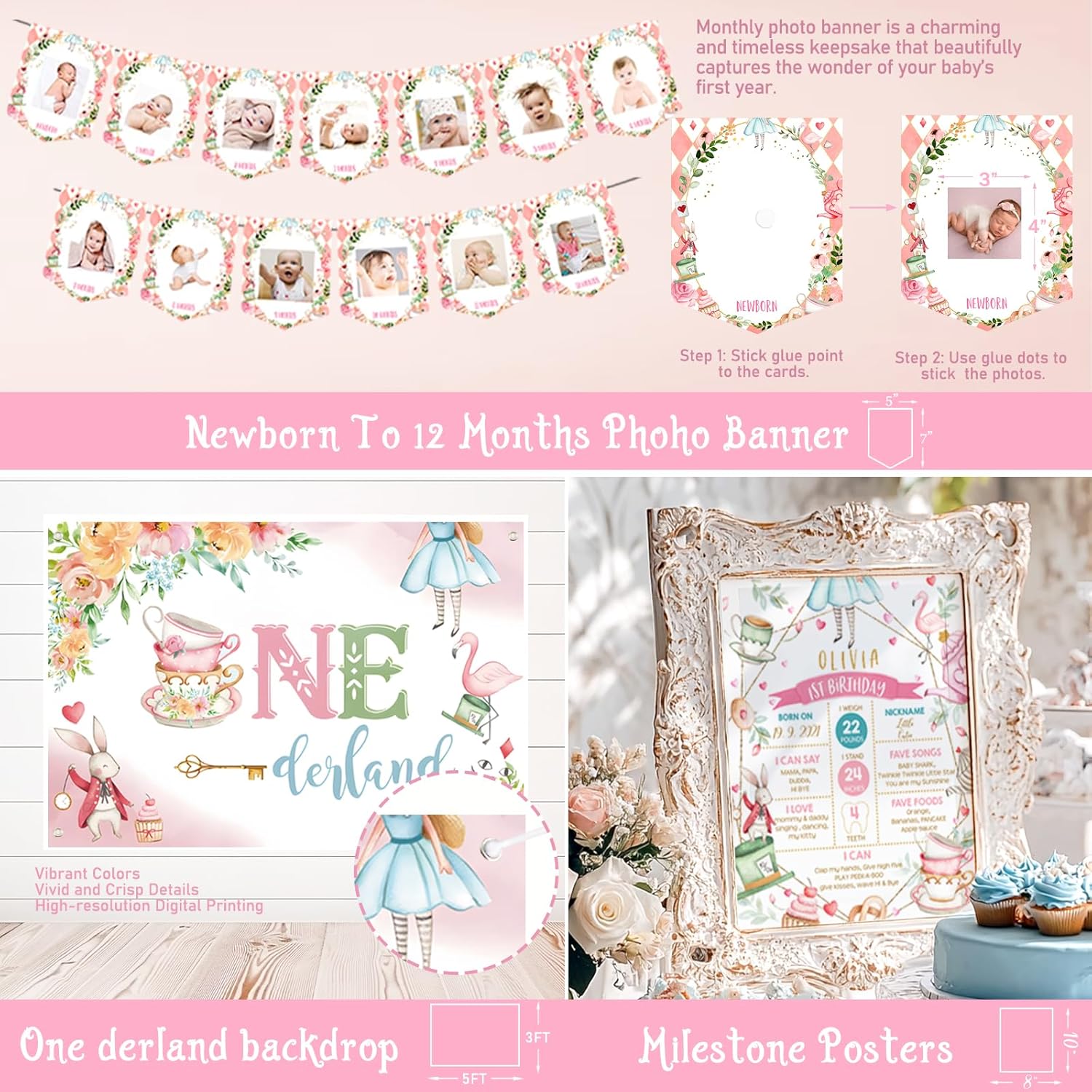 Wonderland 1st Birthday Girl, 145 PCs – Fairy Onederland First Birthday Party Supplies with Tea Party Backdrop, Balloon Garland, Cake Topper, Hanging Arrow Signs