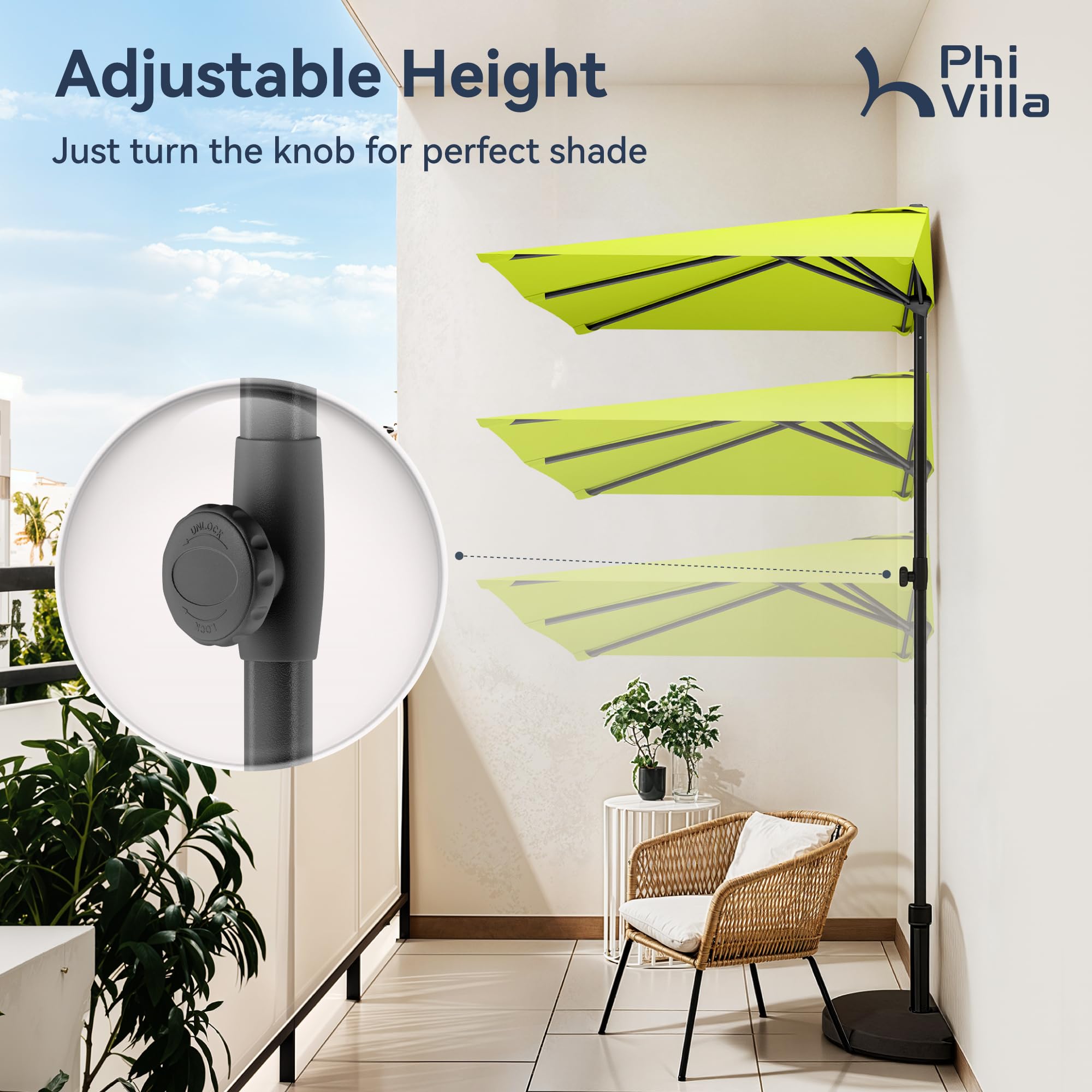 PHI VILLA 2.5x1.3m Half Parasol with Clamp, Height Adjustable Patio Umbrella, Space Saving Rectangle Garden Parasol - Image 5