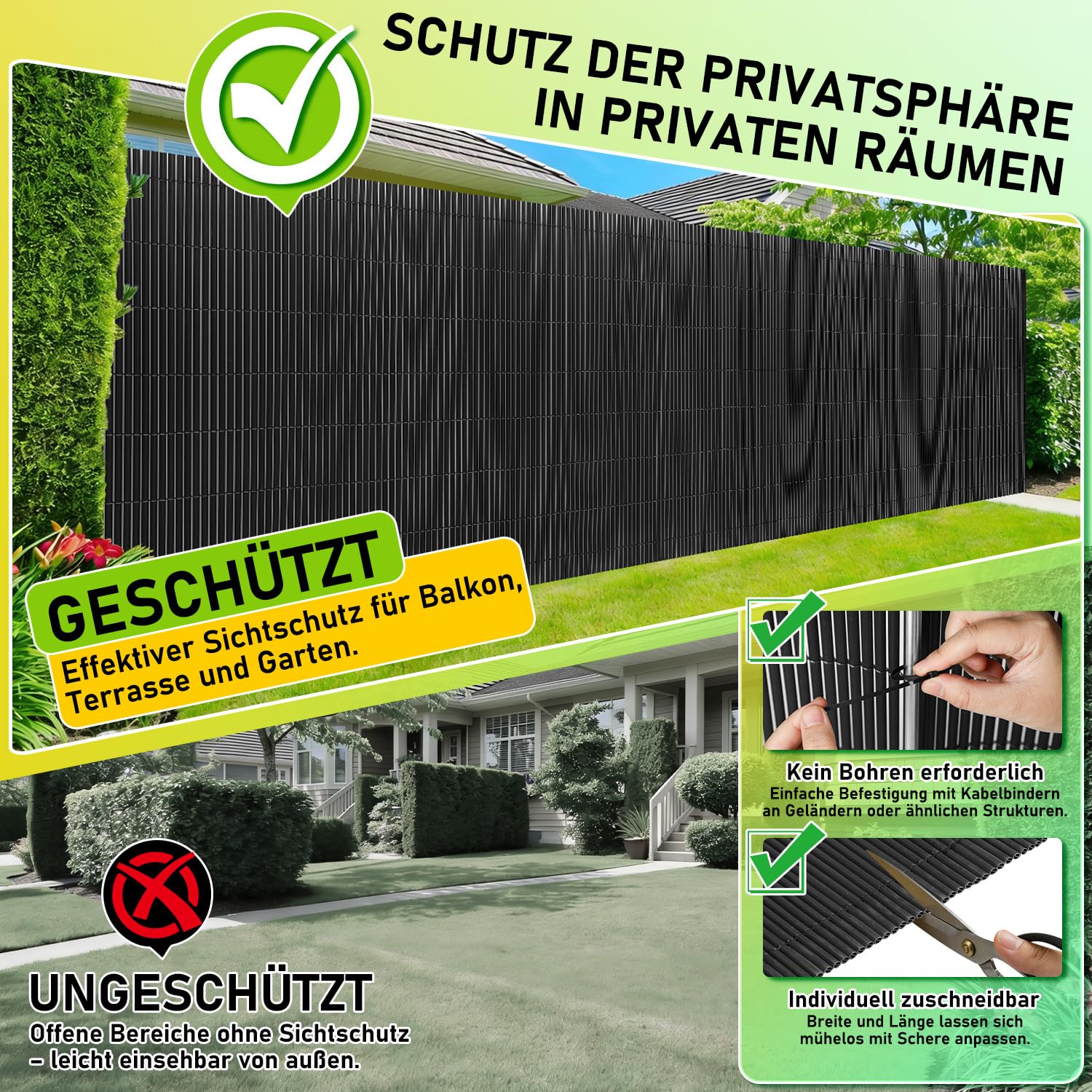PVC Sichtschutzmatte,Anthrazit Sichtschutzzaun,UV-beständig, schimmelfrei und pflegeleicht,Verstärkt Starke Privatsphäre für Garten Balkon Terrasse(160 * 300cm)