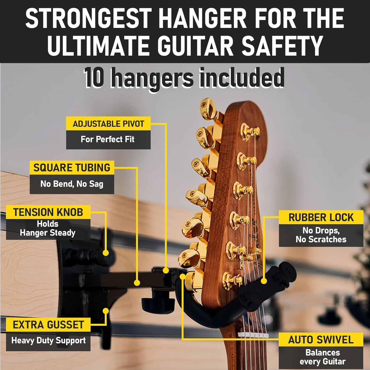 DLDIRECT DiamondLife Premiere 95" Black Guitar Wall Mount - 10 Guitar Hangers with Padded Safety Lock - Solid Holder for Wall Fits All Size Guitars, Acoustic, Electric, and Bass