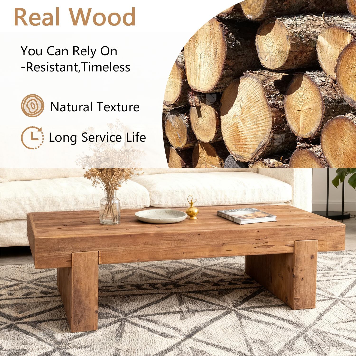 SSLine Solid Wood Coffee Table 47.6-Inch Rectangular Coffee Table for Living Room,Farmhouse Cocktail Center Tables with Thicken Top and Sturdy Legs,Walnut