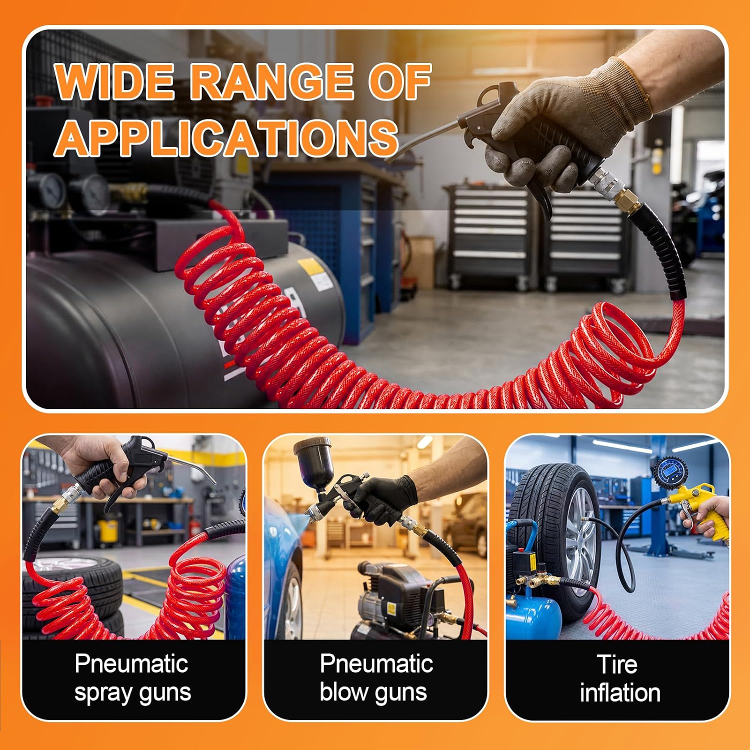 GASHER 1/4" x 25FT Red Reinforced Polyurethane Recoil Air Hose with Bend Restrictor, 1/4" Industrial Quick Coupler and Plug