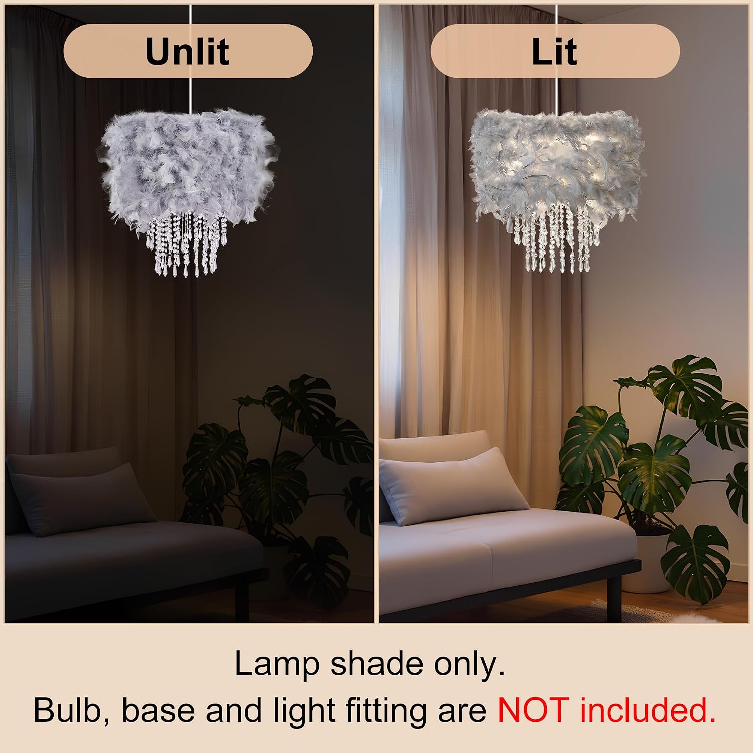 Feather Lamp Shade with Acrylic Beads Droplets, Fluffy Light Shade for Pendant, Table, Floor & Wall Lighting, Girl Bedroom Decor, ID 11.8inch, OD 15.7inch, Grey