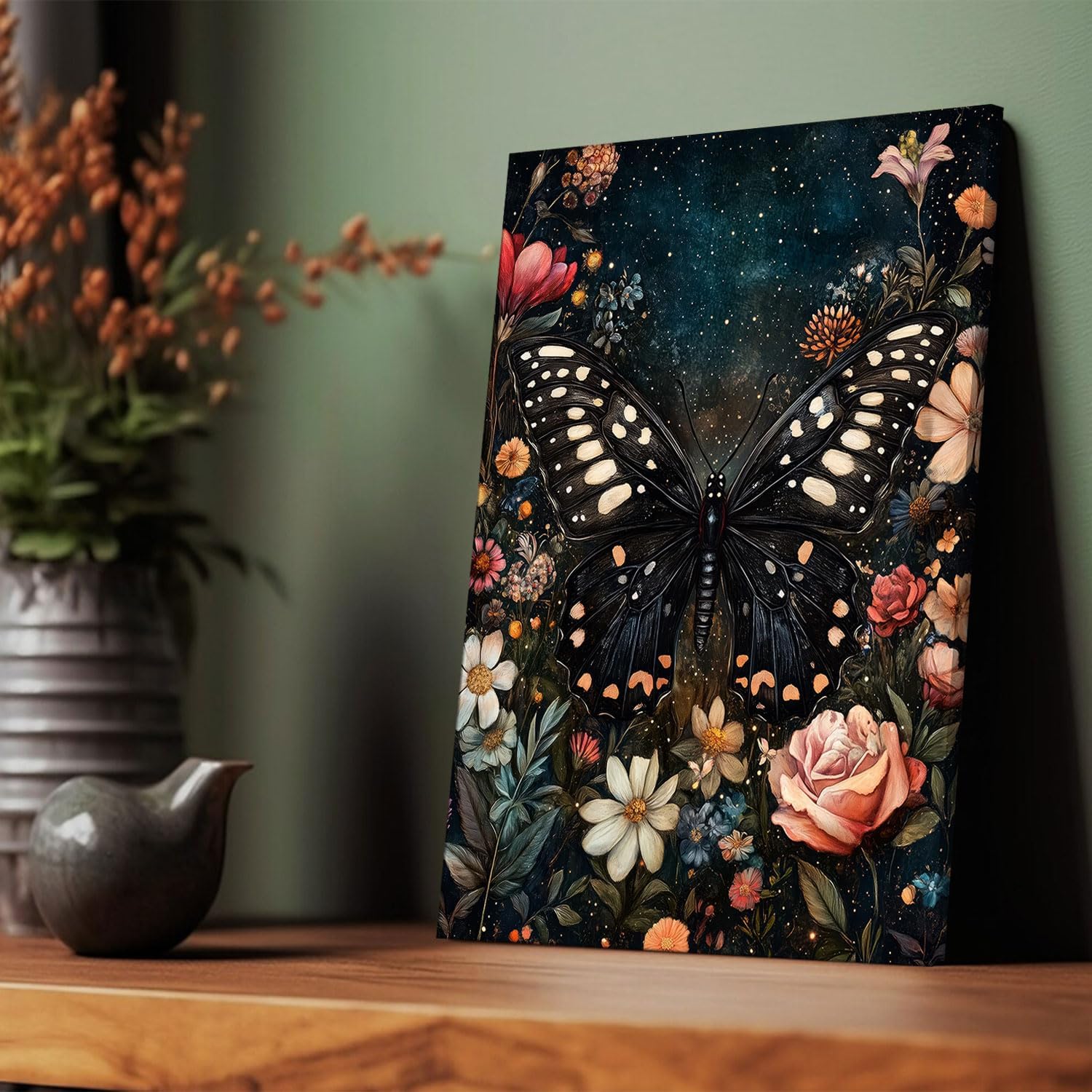 Butterfly under the Starry Sky Canvas Wall Art Dark Floral Butterfly Wall Decor Pictures Moody Vintage Botanical Moth Poster Prints Gothic Dark Academia Painting Decoration 12X16in Ready to Hang