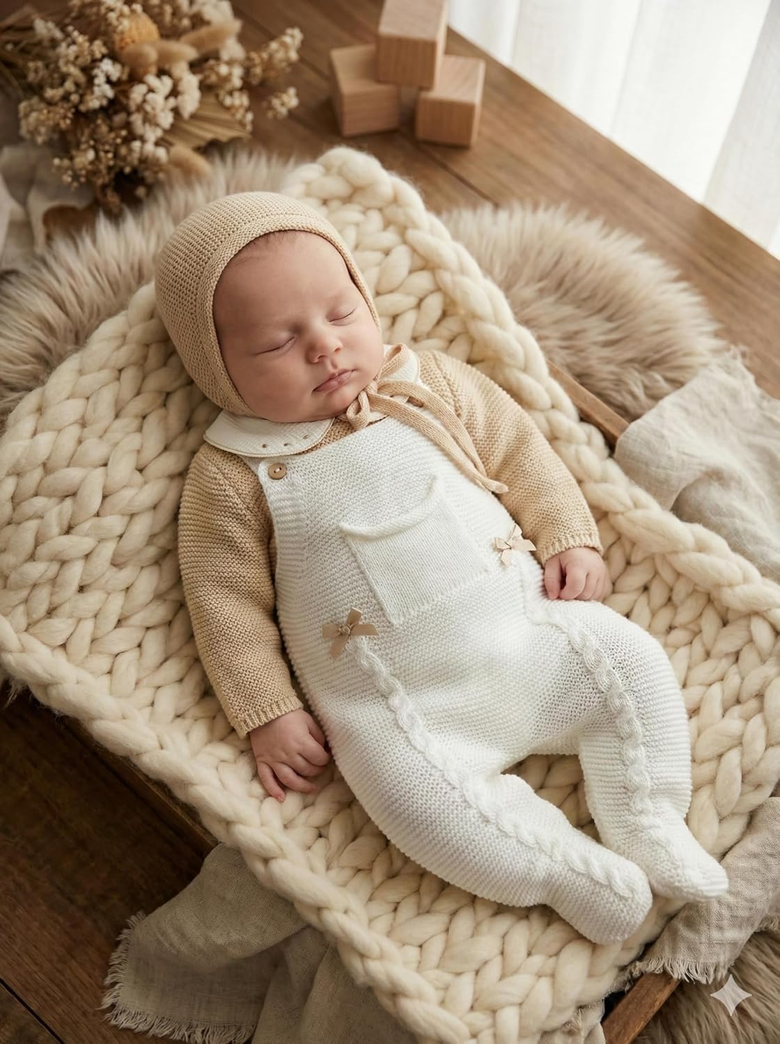 3-Piece Baby Outfit Set Knitted Infant Romper Long Sleeve Sweater Hat Overalls Boys Girls - Made in Spain