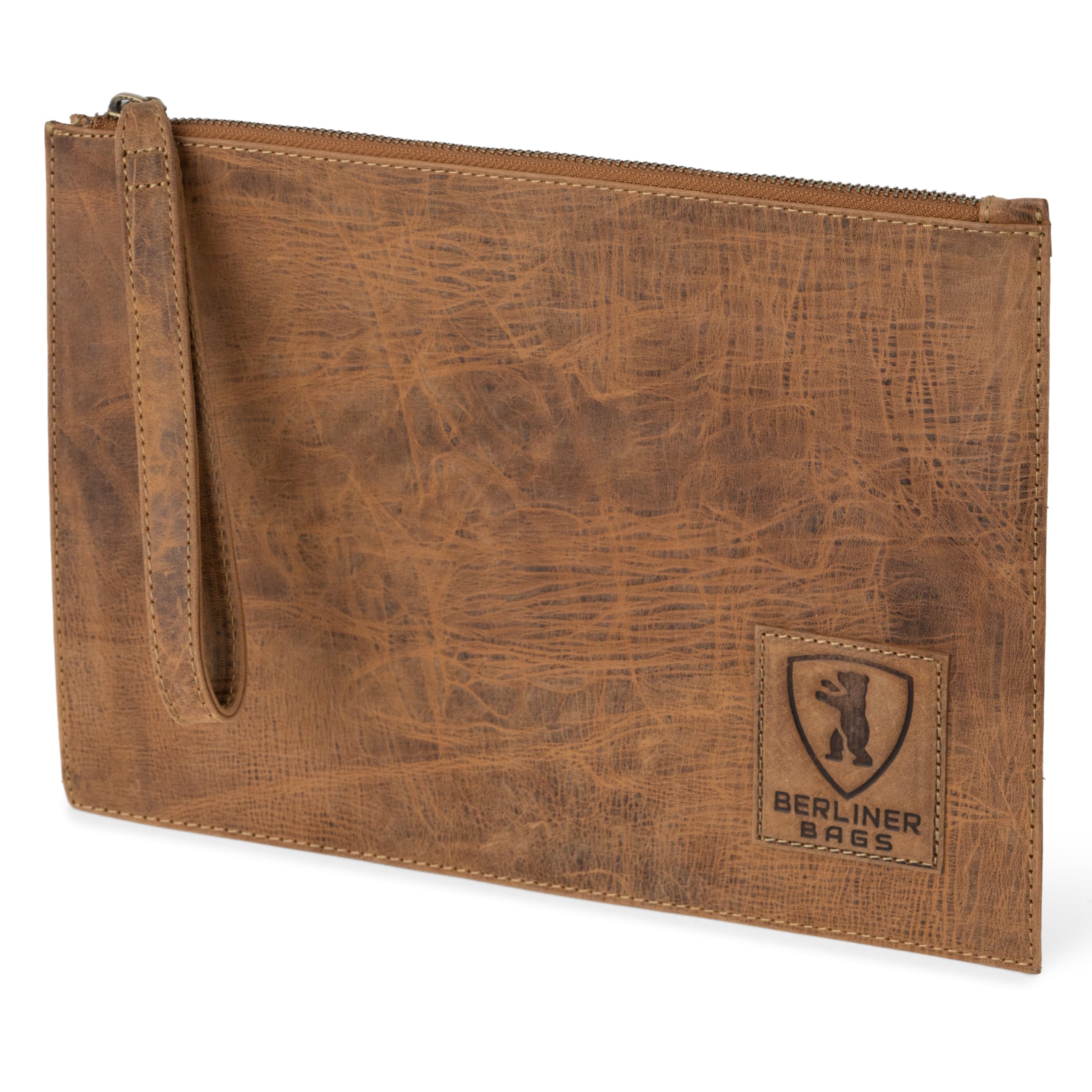 Berliner Bags Cartella Porta Documenti Dirk in Vera Pelle Bovina, Organizer con Zip e Laccetto da Polso per Passaporto e Documenti, Unisex – Noce