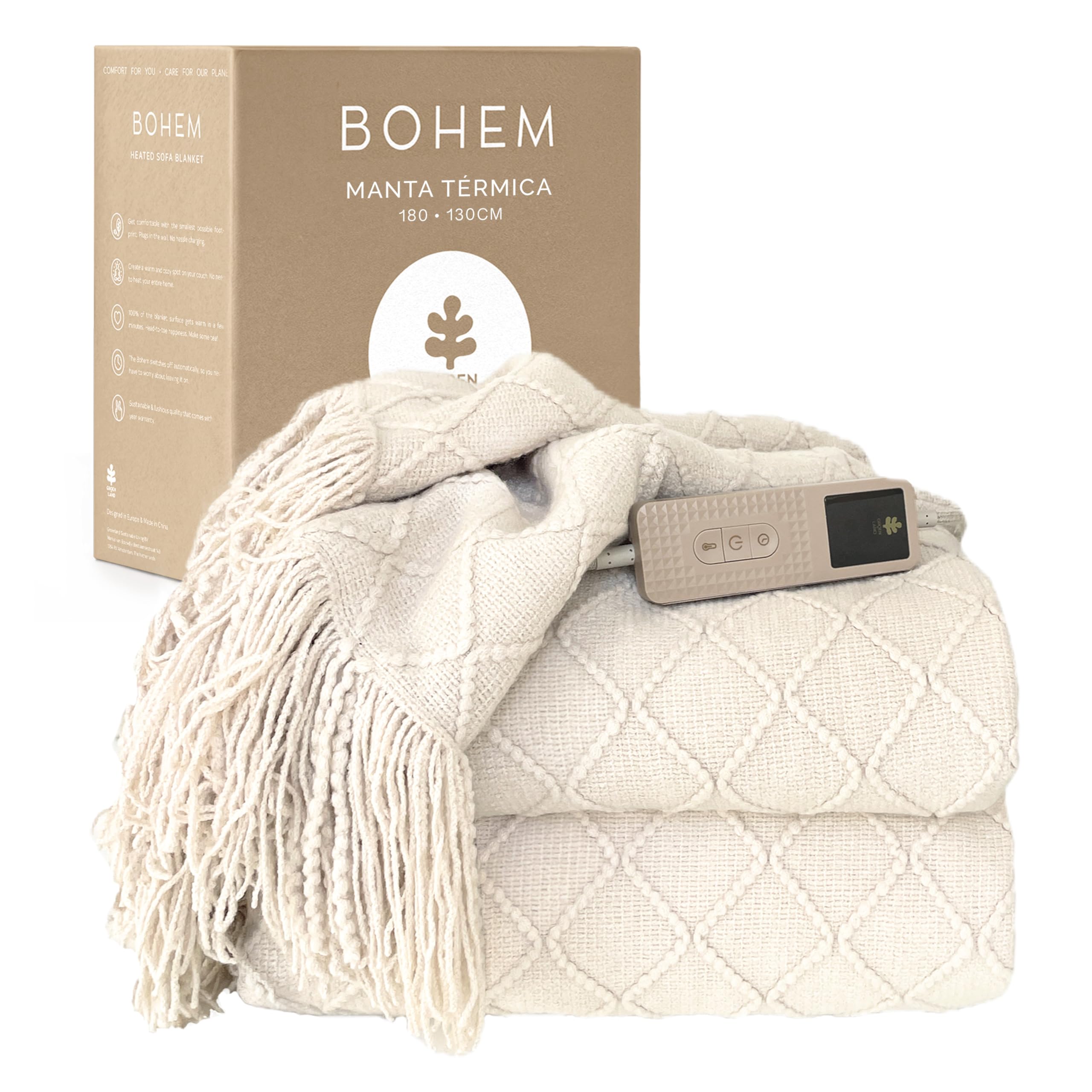 Groenland BOHEM Electric Blanket 180 x 130 cm - Heated Blanket with 9 Heat Levels and Auto Shut Off Function - Large Electric Blanket for Bed and Sofa - Washable Electric Heat Blanket - White