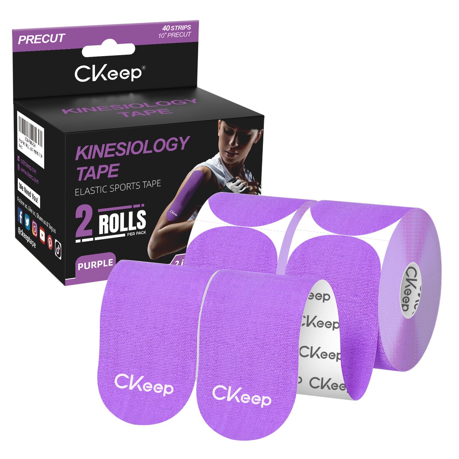 CKeep Kinesiology Tape precut Strips, 40 Count Elastic k Tape, Purple