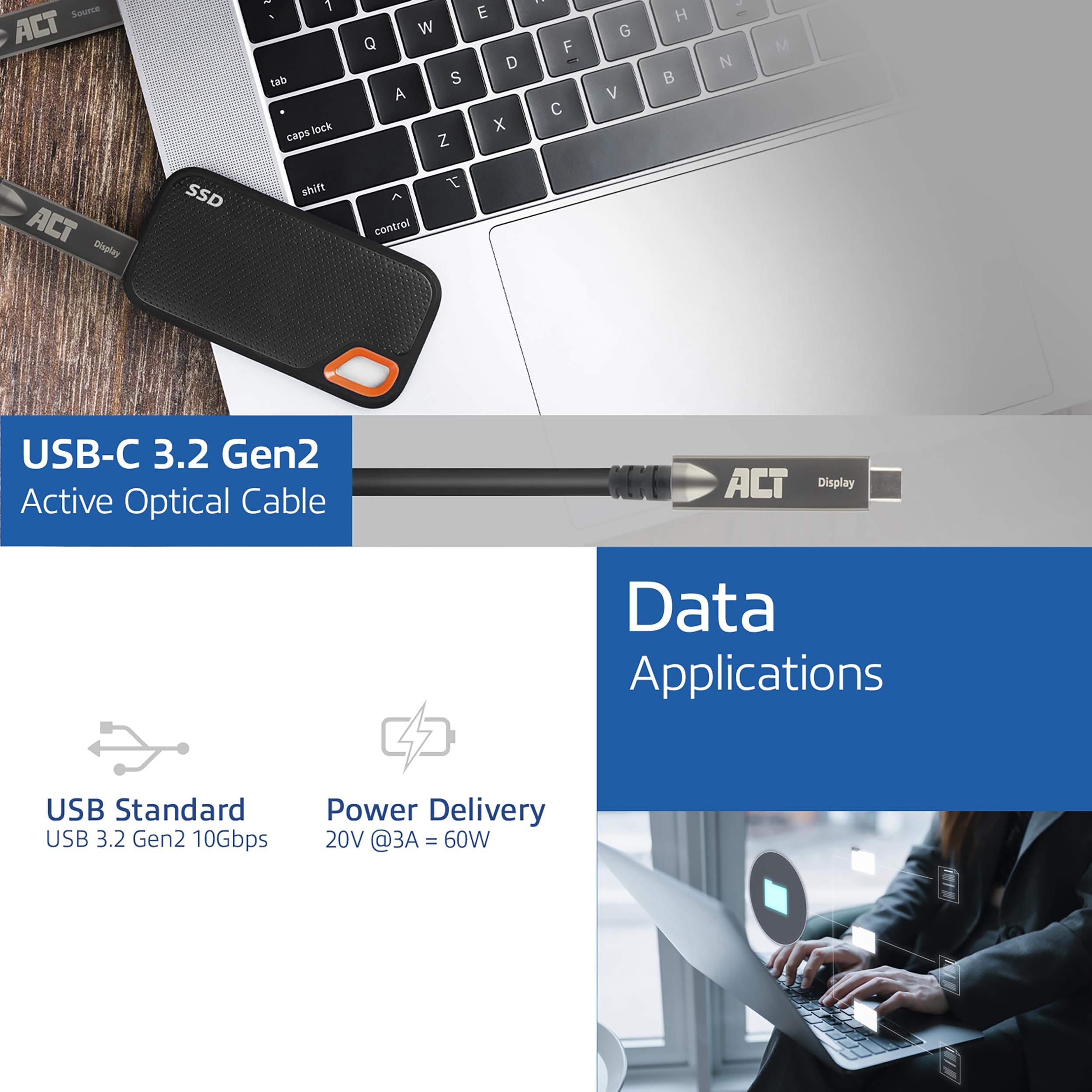 ACT Aktywny kabel optyczny USB C (AOC) 3 m, USB C Video kabel USB 3.2 Gen2, wysoka prędkość 10 Gb/s, aktywny kabel optyczny USB C, do paneli dotykowych, wideokonferencji – AK4323