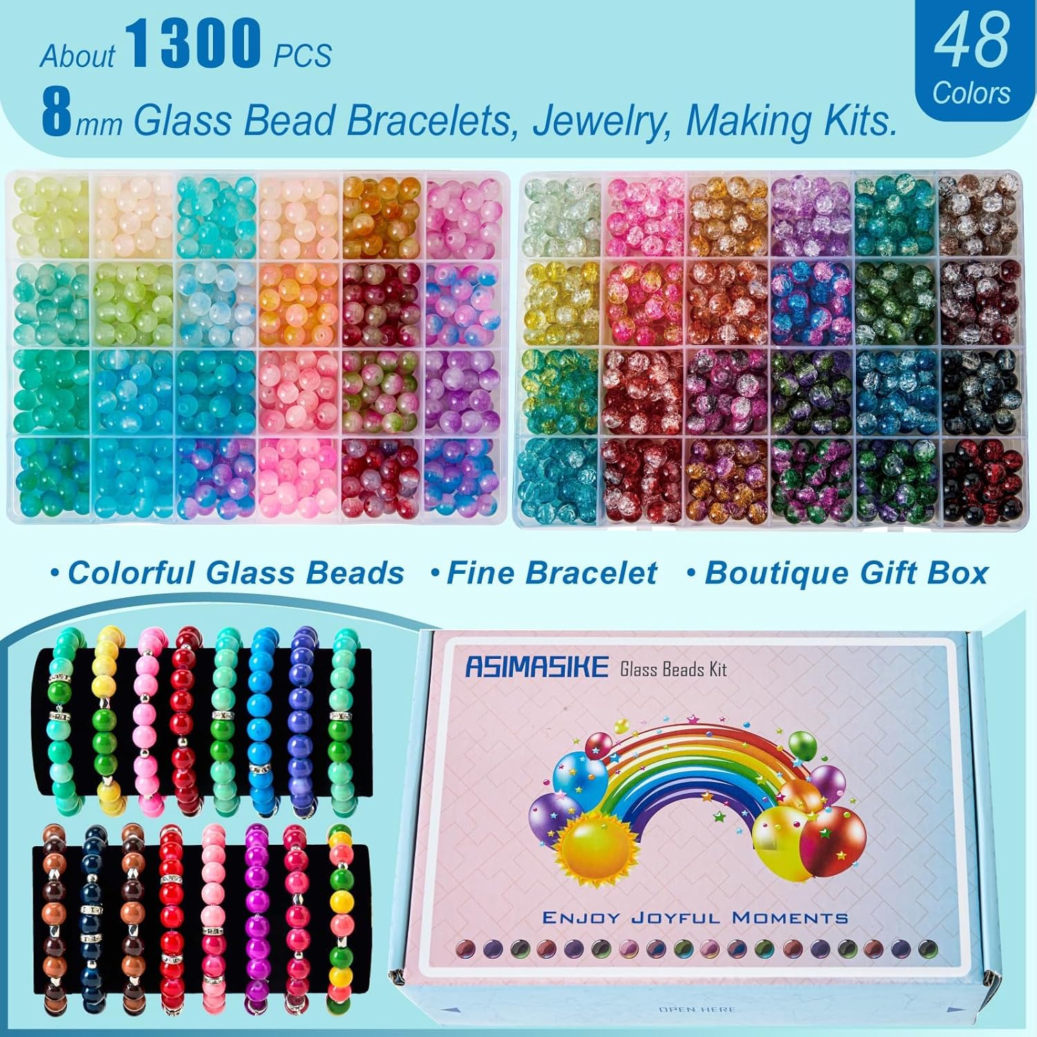 1300 Pcs Round Glass Beads for Jewelry Making – 8mm Beads in 48 Colors, 2 Box Set of Bulk Glass Beads for Bracelets, Crafts & DIY Gifts - Image 8