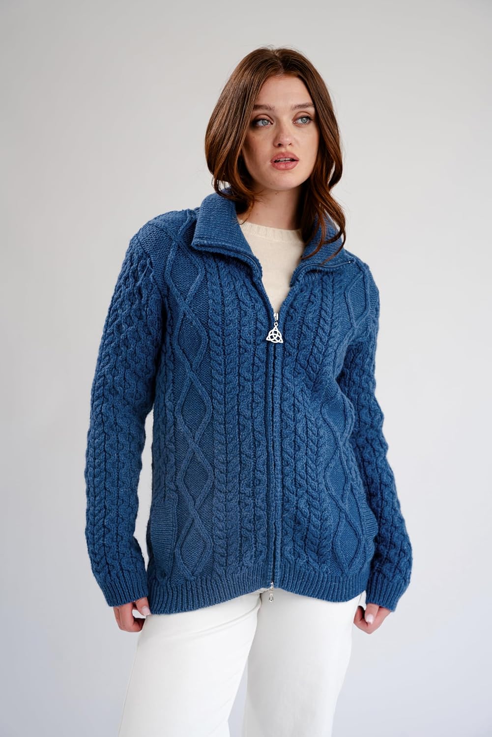 SAOL 100% Merino Wool Irish Cable Knit Zip Bomber Jacket with Pockets for Ladies