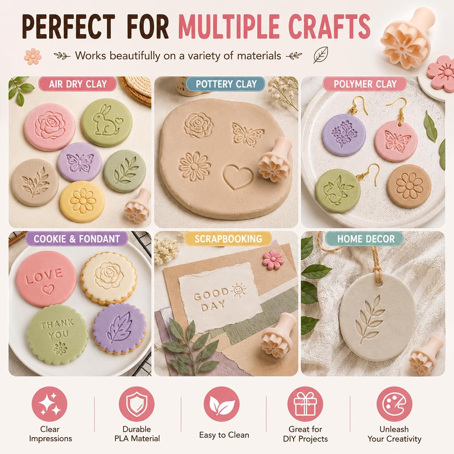 Pottery Stamps for Clay, 30 Pcs Polymer Clay Molds Set with 72 Character Letter Stamps, Floral Leaf Animal Stamp for Pottery, Ceramic, Cookie & Jewelry Making, Storage Box & Drawstring Bag