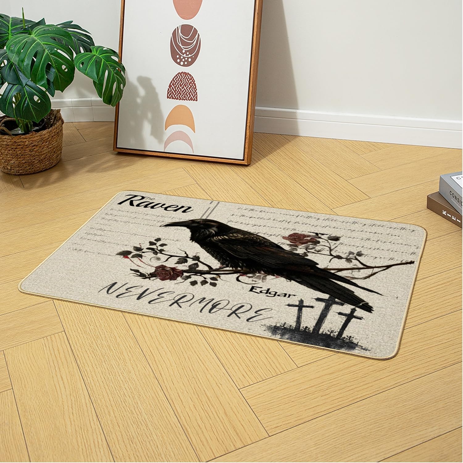 YWMAN Edgar The Raven Kitchen Rugs Set of 2 - Washable Non-Slip Linen Floor Mats(17.7''x29.5''+17.7''x47'') - Kitchen Mats for Home Office Bedroom Bathroom Laundry