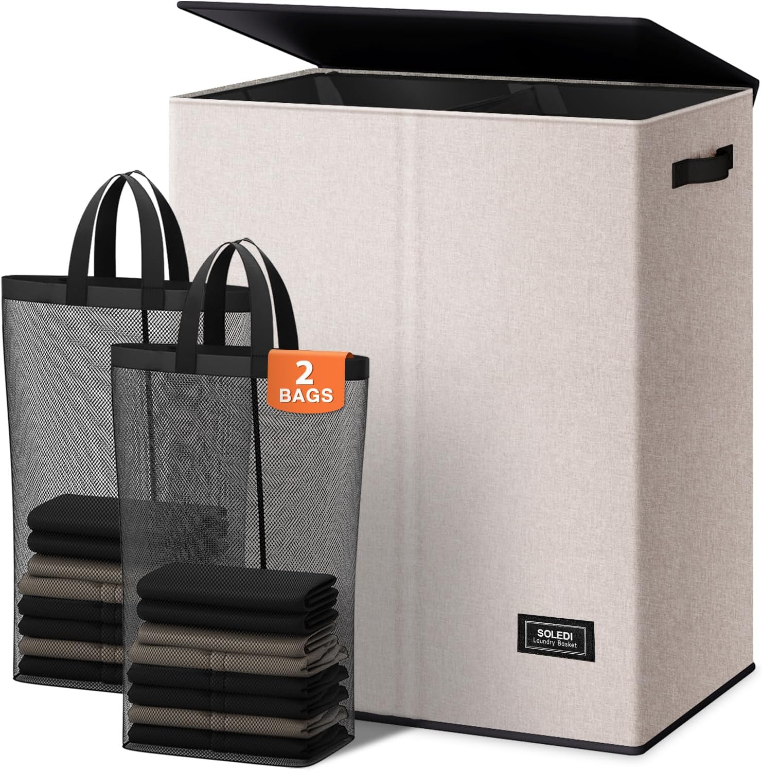 145L Double Laundry Basket 2 Compartments with Lid and Removable Bags