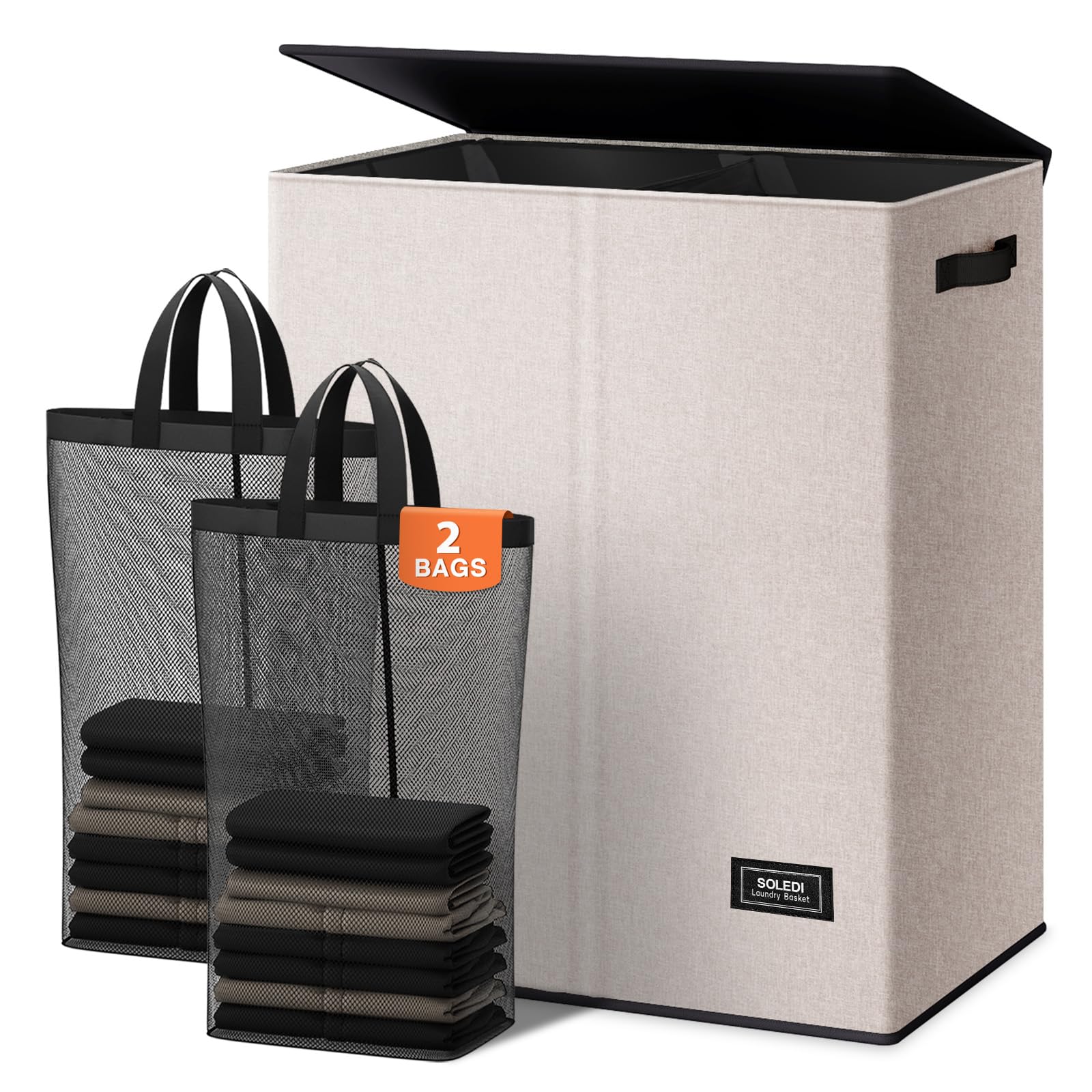 SOLEDI 145L Laundry Basket 2 compartments, Washing Basket with Lid and Removable Bags, Large Storage Baskets Laundry Hamper, Collapsible Clothes Baskets Bin for Bedroom Bathroom Dorm, Beige