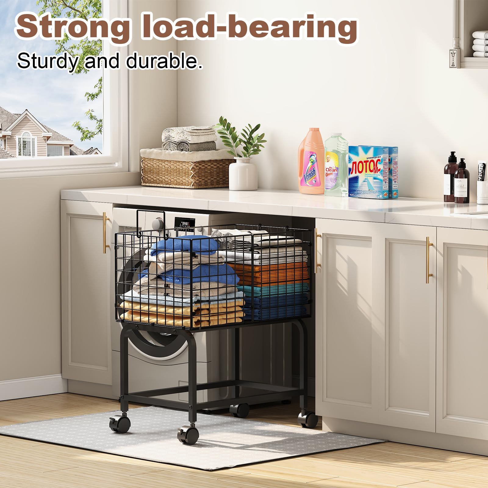 Wire Laundry Hamper Cart,Rolling Laundry Cart with Pull Handle,Black Tall Laundry Basket Cart,Commercial Wire Laundry Hamper Cart-23.6 * 15.75 * 28 inches