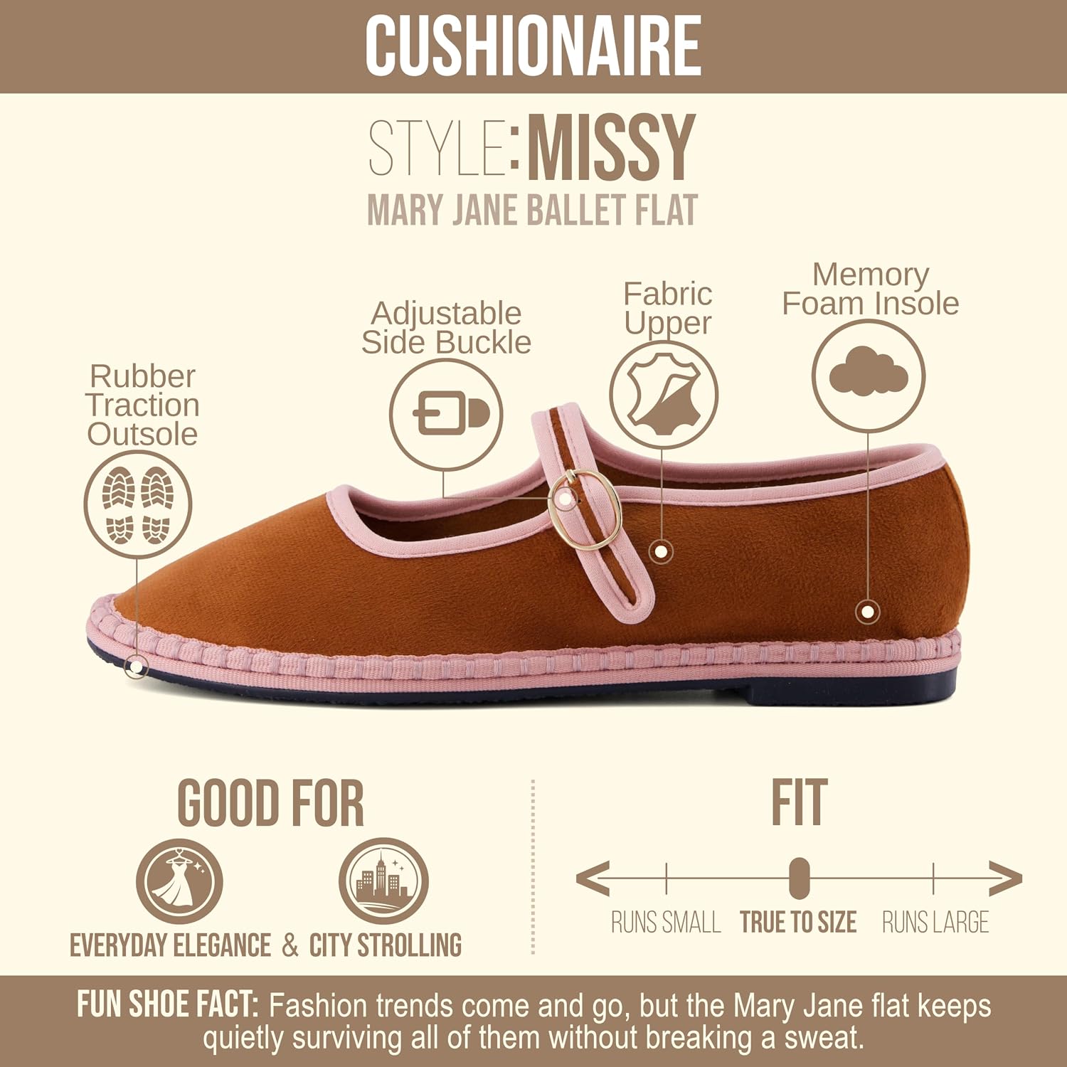 CUSHIONAIRE Missy Mary Jane Ballet Flats for Women, Breathable Lightweight Womens Flats with Adjustable Buckle and Cushioned Memory Foam