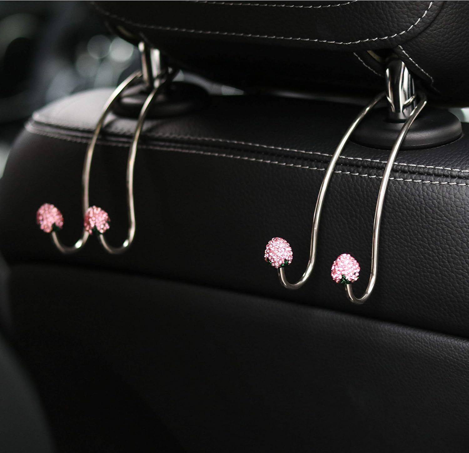 Universal Car Vehicle Seat Back Headrest Hooks, Hanger Holder Hook for Bag Purse Handbag Cloth Grocery, Bling Back Seat Organizer Hanger Storage Hook, 2 Pack, Pink Strawberry