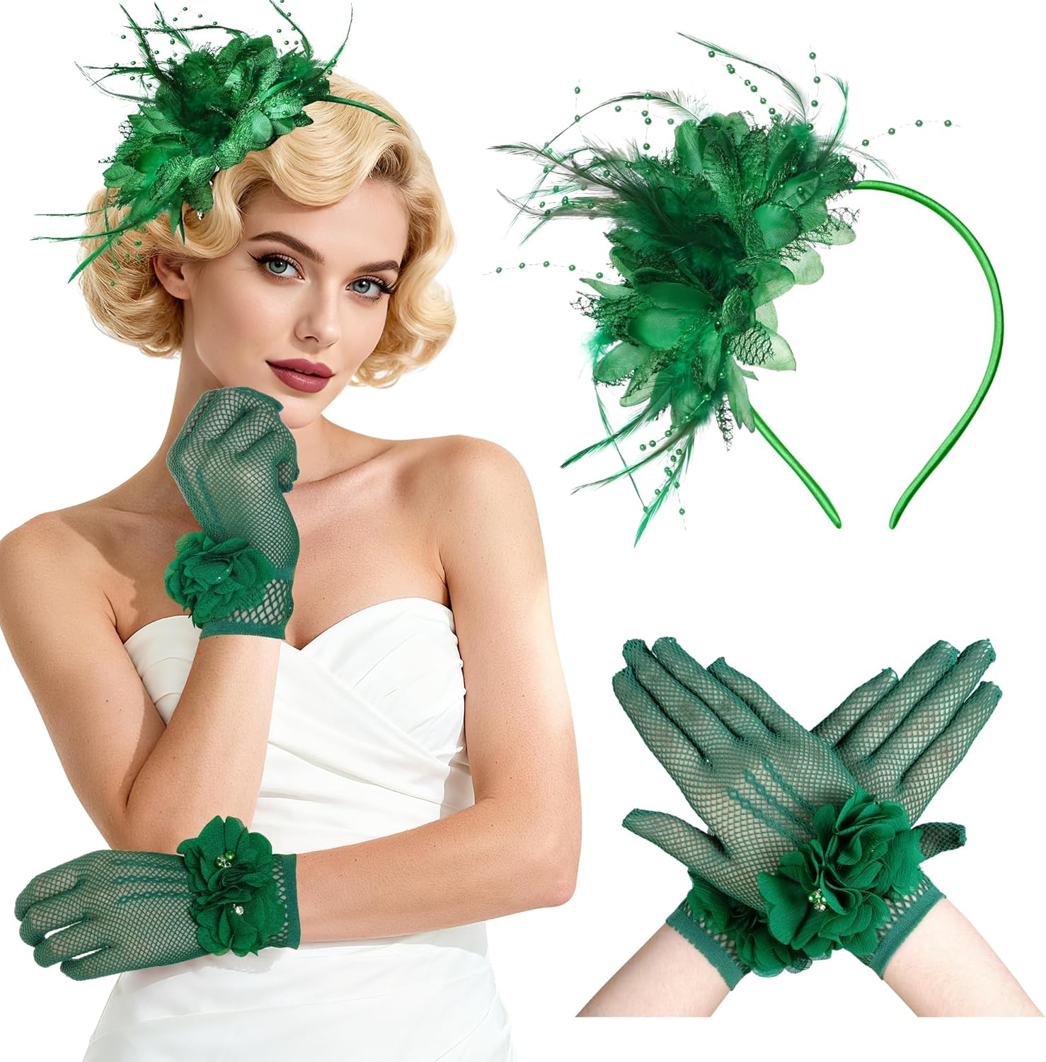 Fascinators Hats for Women and Tea Party Gloves Set, Headband with Feather Pearl Veil for Wedding Cocktail Dresses