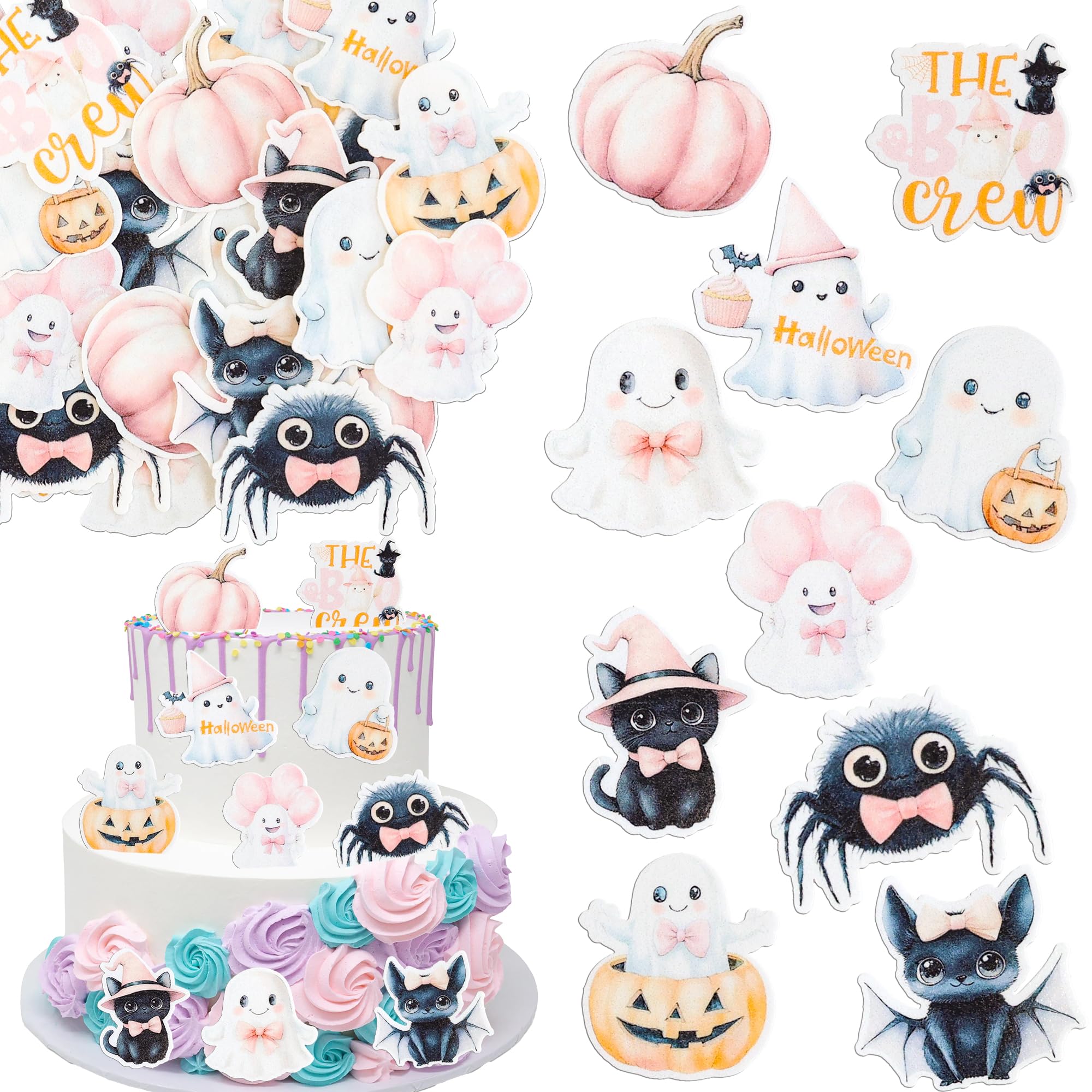 Ephlyn 54Pcs Edible Pink White Halloween Cupcake Toppers Wafer Paper Spooky Bat Pumpkin Cupcake Picks Pink Skull Little Boo Cupcake Toppers for Halloween Eve Theme Party Birthday Decor Supplies