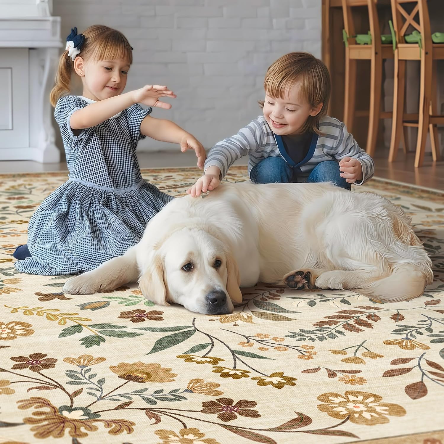 Floral Washable Rug 5' x 8' Beige Area Rugs for Bedroom Low Pile Faux-Wool Carpet Ultra Soft Non-Slip Machine Indoor Rug for Living Room, Dining Room, Nursery, Kids Playroom Boho Design