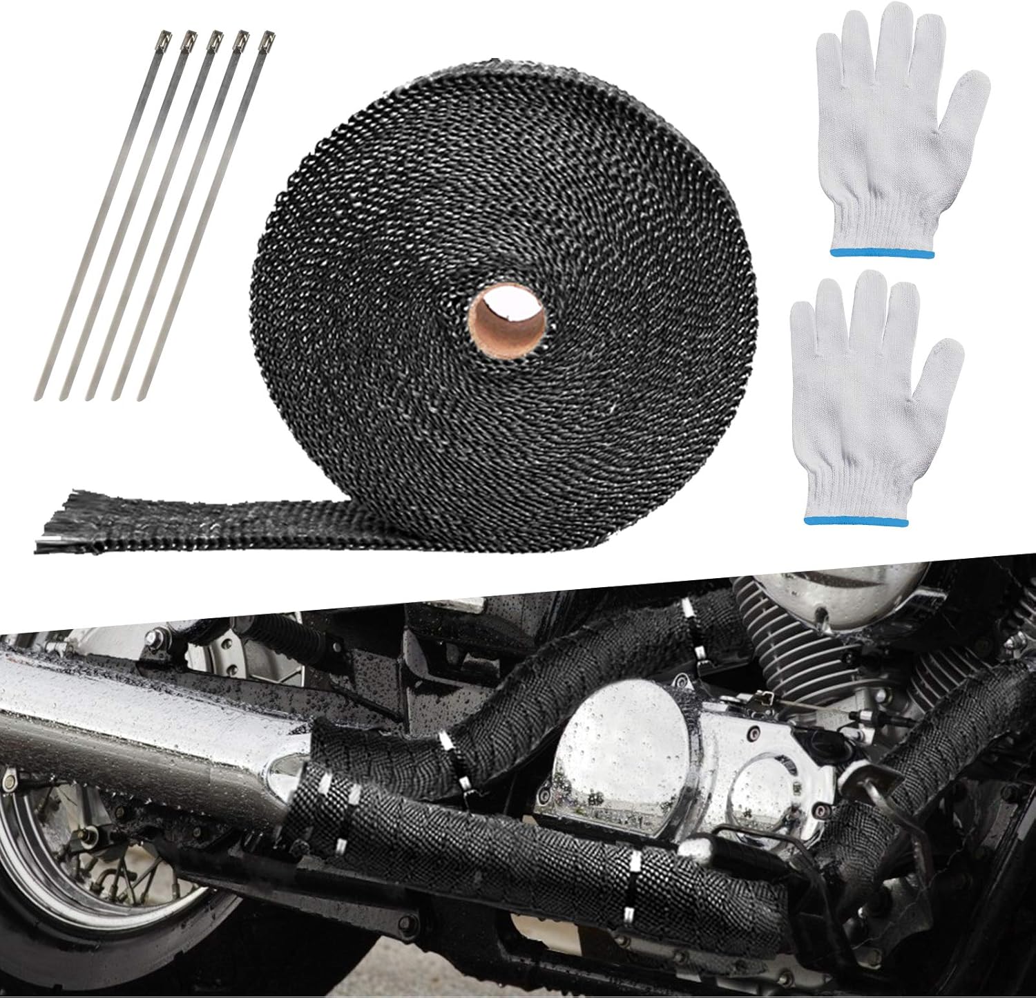 LAMEK 10M Cinta Anticalorica Escape Aislante Motocicleta Cinturón Fibra de Vidrio Cinta de Protección Cinta Ignifuga con 4 Bridas de Acero Inoxidable y Guantes de Nailon