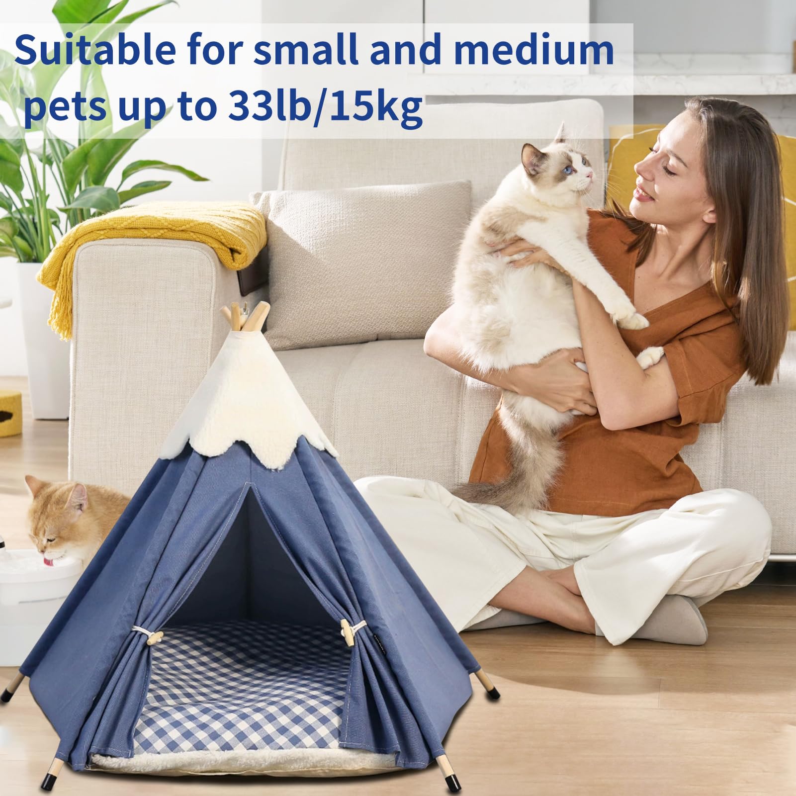 GIBZ Tenda per Animali Domestici con Cuscino Rimovibile Graziosa Casetta Cani Lavabile Tende Gatti in Tela per Interni ed Esterni, Blu Navy, M