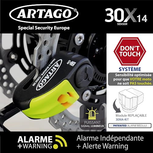 ARTAGO 30X14 Blocca Disco per Moto Alta Gamma, Senza o Con Allarme Don't Touch 120dB, Antifurto Omologato SRA e SSG, Lucchetto Alta Sicurezza Anti-Trapano 5mm, Doppia Chiusura Acciaio Temperato ø14mm - 4