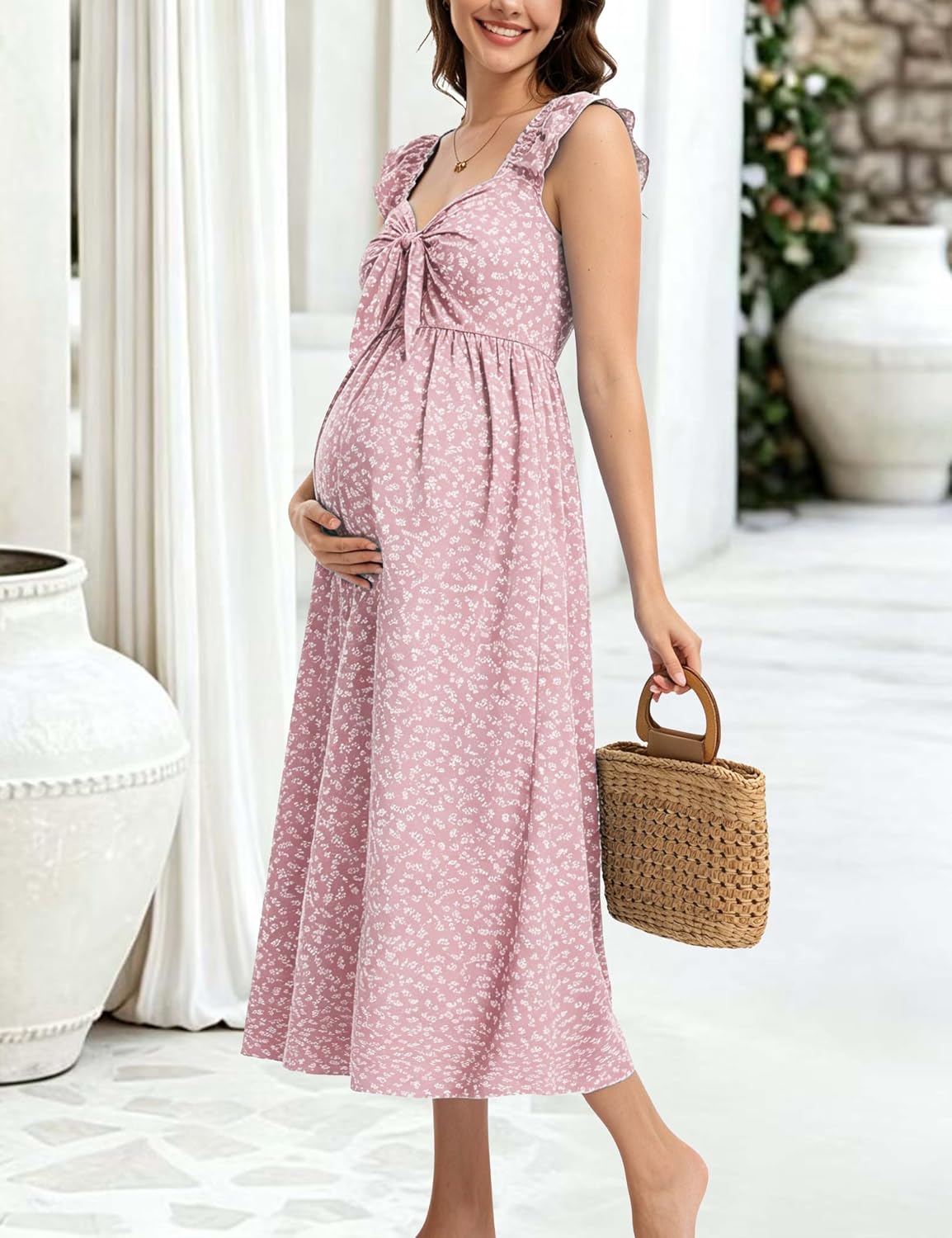 Summer Maternity Midi Dress for Baby Shower Bow Tie Neckline Ruffle Sleeves Pregnancy Dress for Photoshoot