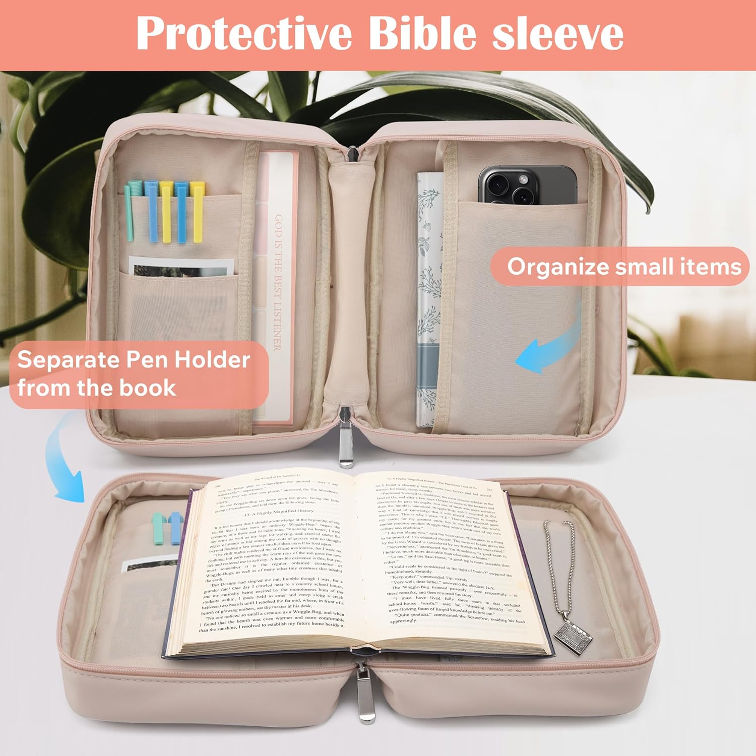 Small Bible Cover Case for Women and Men, 9x6 PU Leather Bible Sleeve, Compact Travel Bible Carrier Bag with Front Pen Holders, Zipper Closure, Inner Pockets - Beige - Image 7