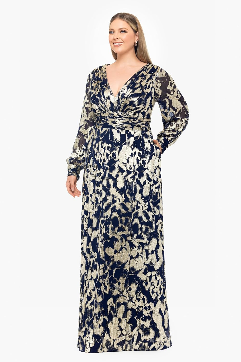Betsy & Adam Womens Betsy & Adam Women's Long-Sleeve Gown with Plunging V-Neckline, Metallic Print, and A-line Silhouette. - Image 2